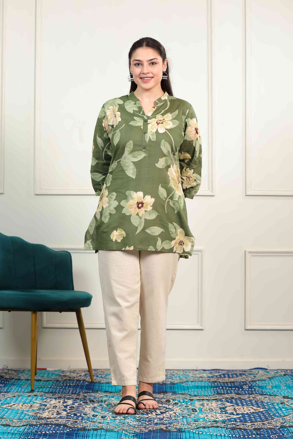 Green Cambric Cotton with Flower Printed Short Kurti