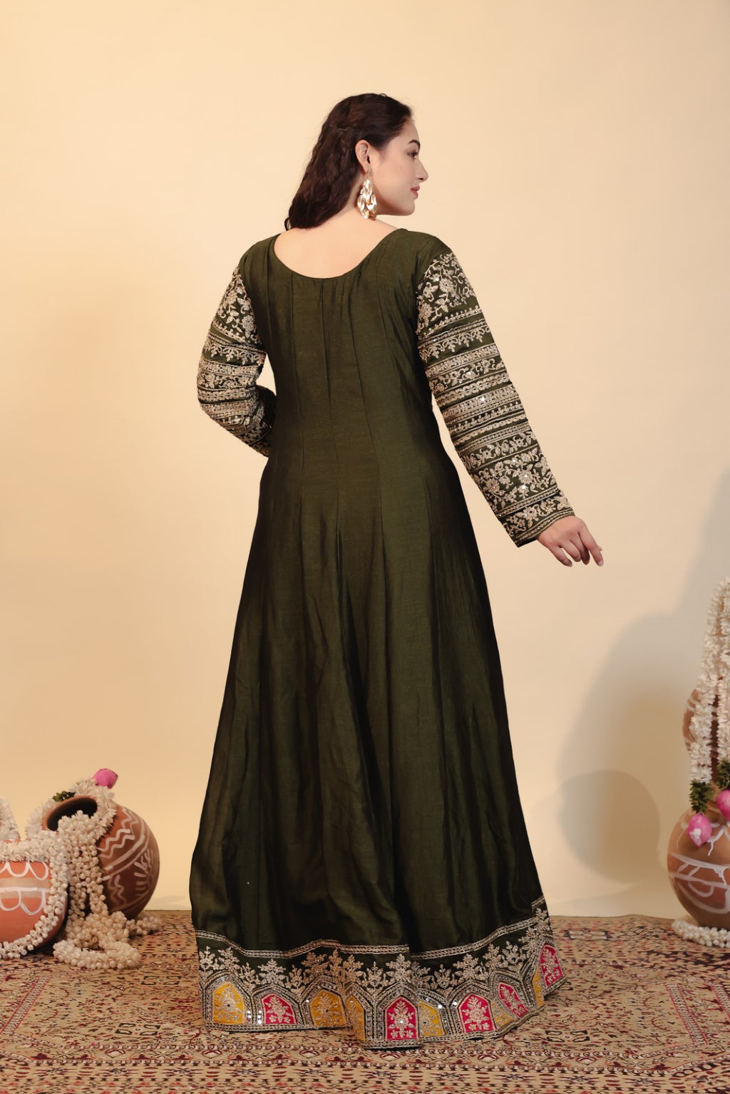 Mehendi Green Vichitra Silk with Zari Work Gown & Dupatta