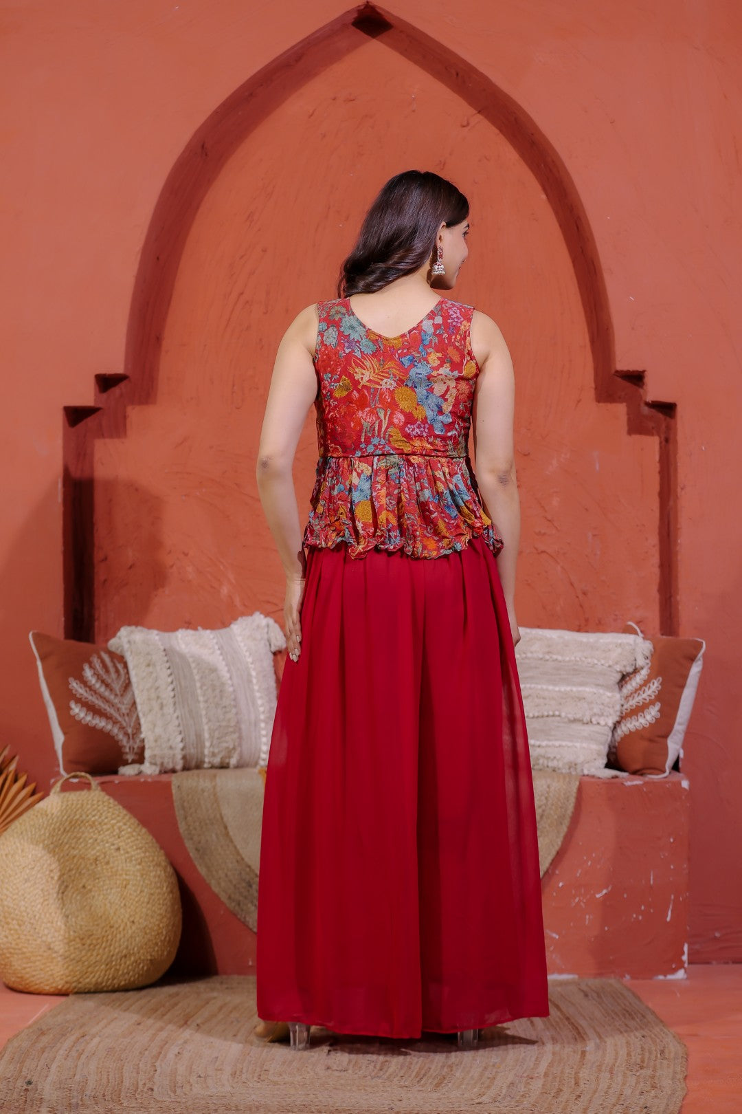Maroon Chinon Silk Printed Top with Handwork, Sharara & Dupatta