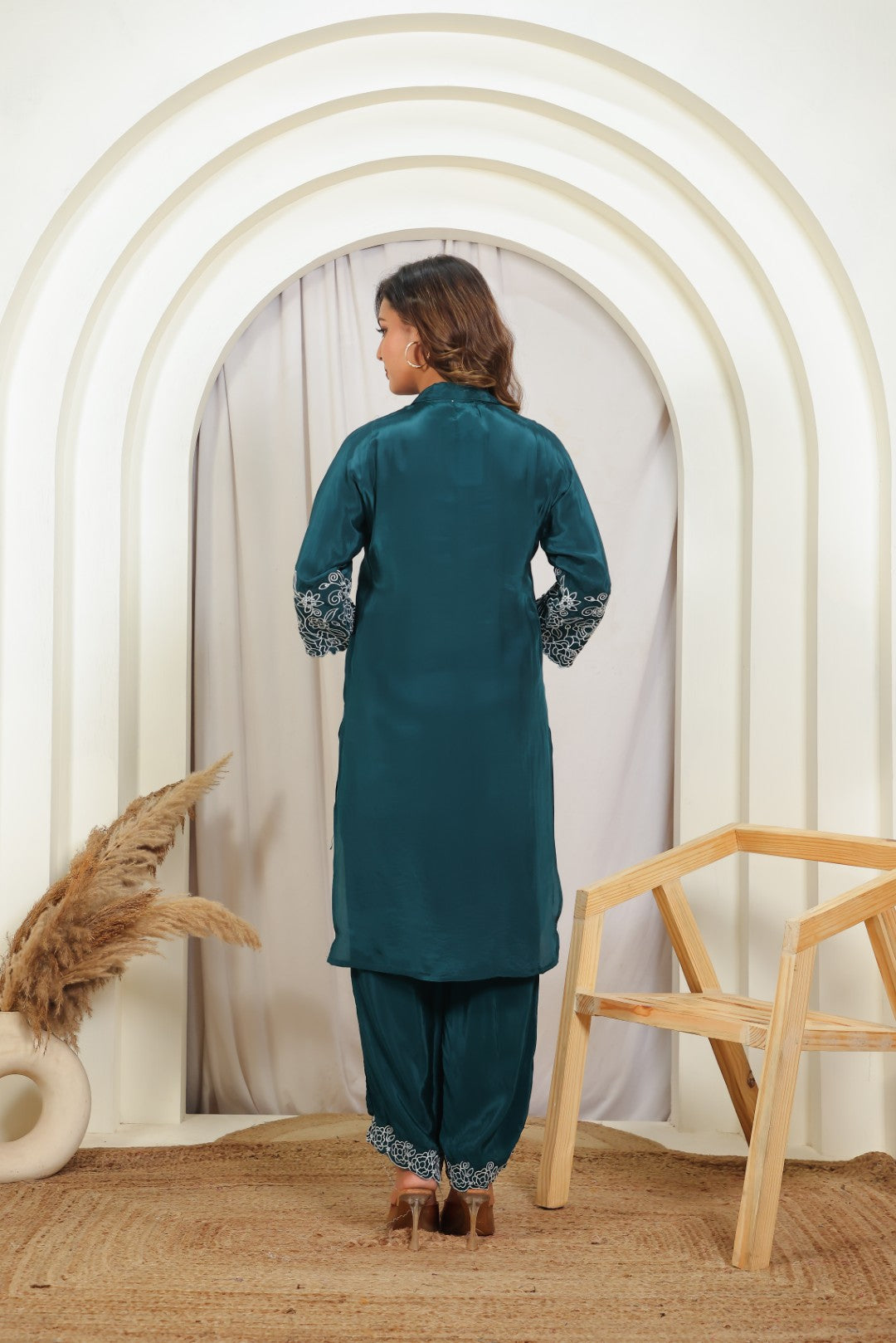 Bottle Green Crepe Silk with White Thread Work Co-ord Set