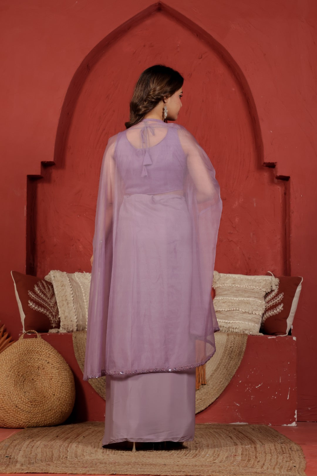 Lavender Satin Silk Blouse with Front Handwork, Dhoti & Shrug
