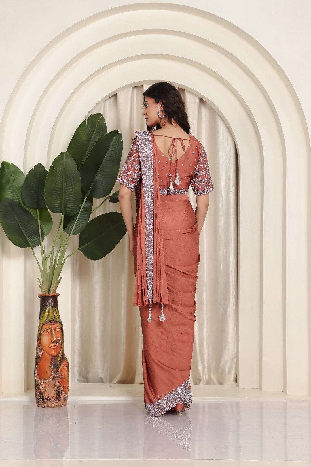 Rust Mosh Crush Draped Saree with Jarkan Work & Matching Blouse