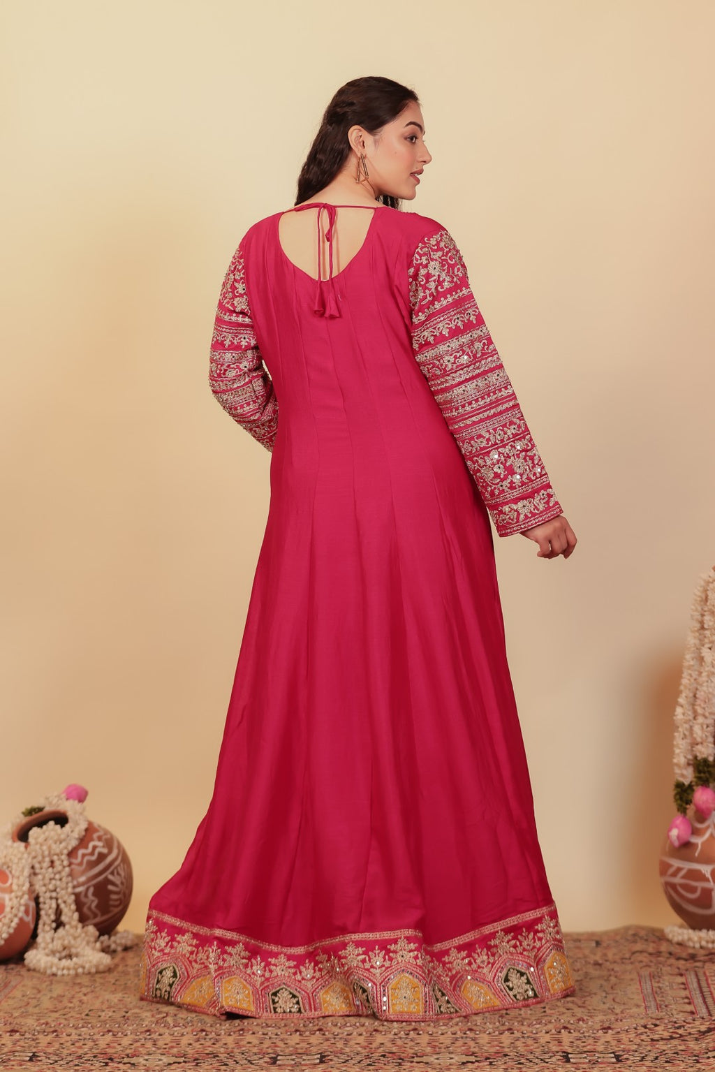 Rani Pink Vichitra Silk with Zari Work Gown & Dupatta
