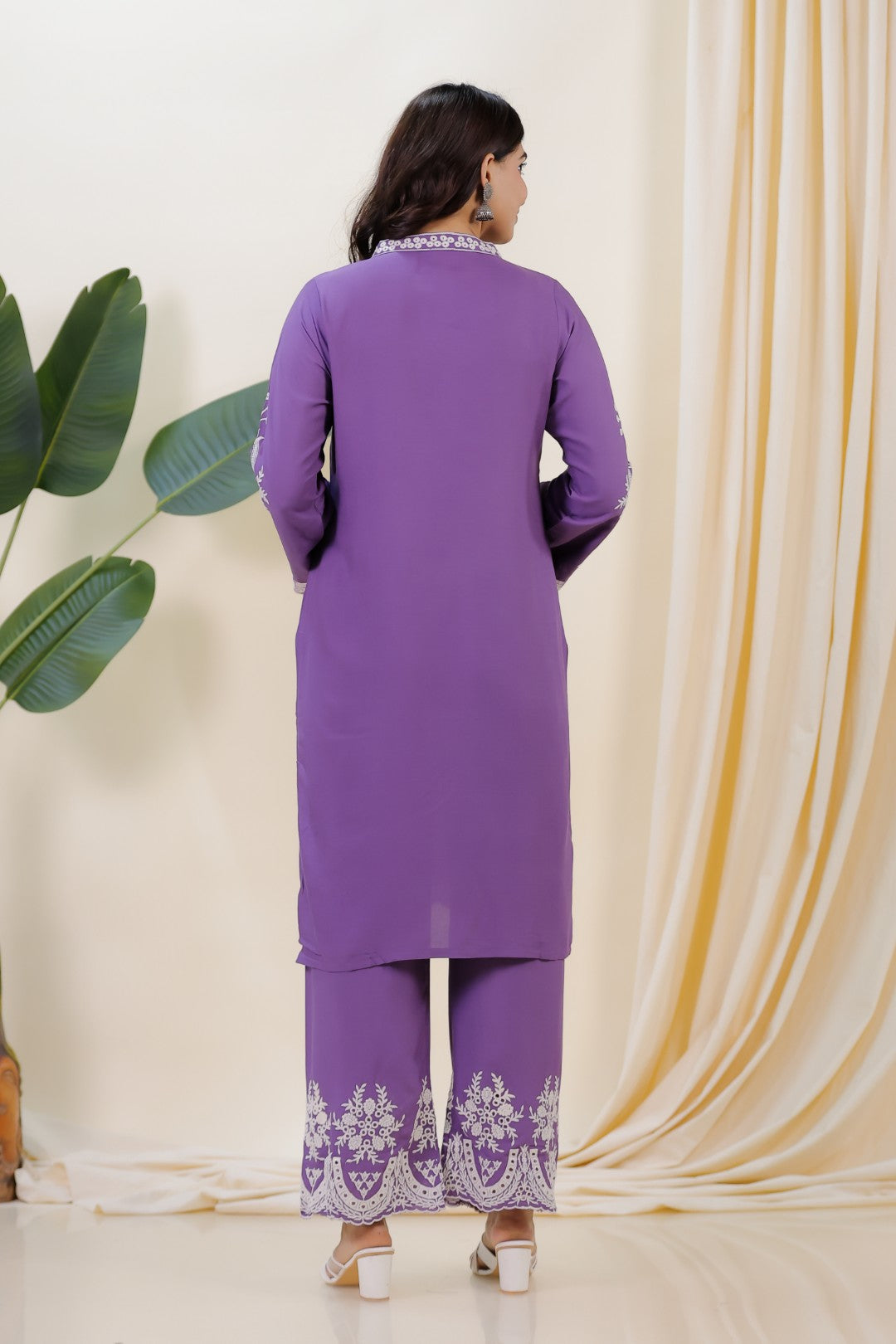 Lavender Rayon Cotton Suit with Thread Work, Palazzo Dupatta