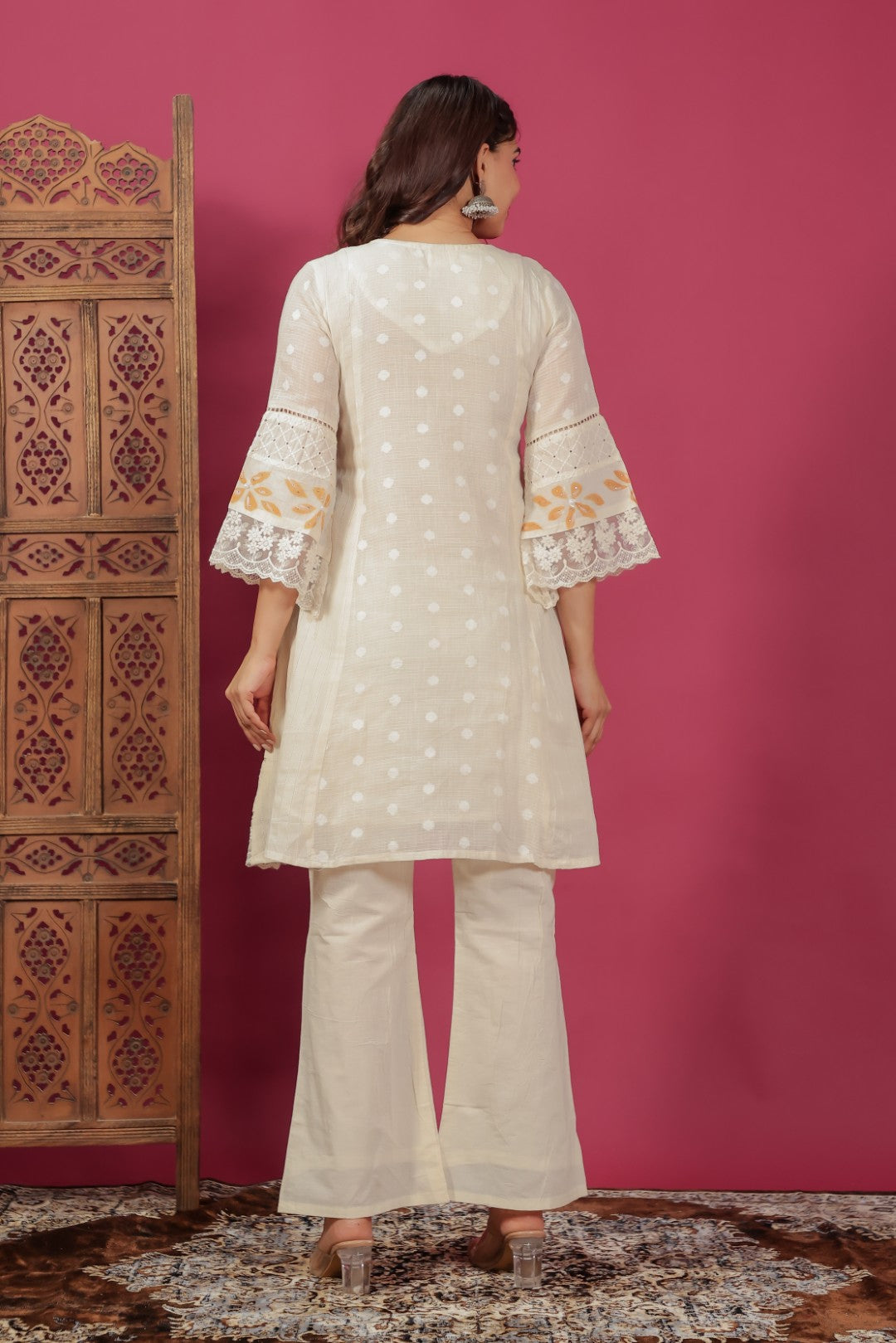 Off White Cotton Chikankari Handwork Co-ord Set with Dupatta