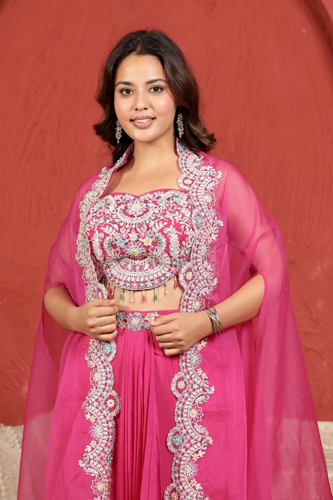Dark Pink Crepe Silk Dhoti with Handwork Blouse & Shrug