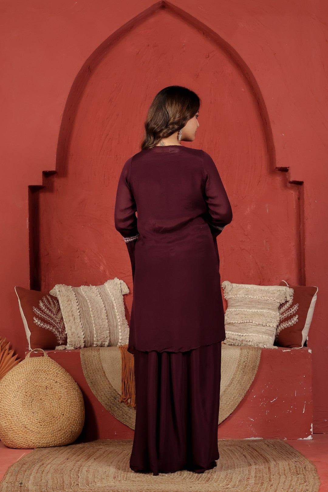 Wine Chinon Blouse with Handwork, Dhoti & Shrug