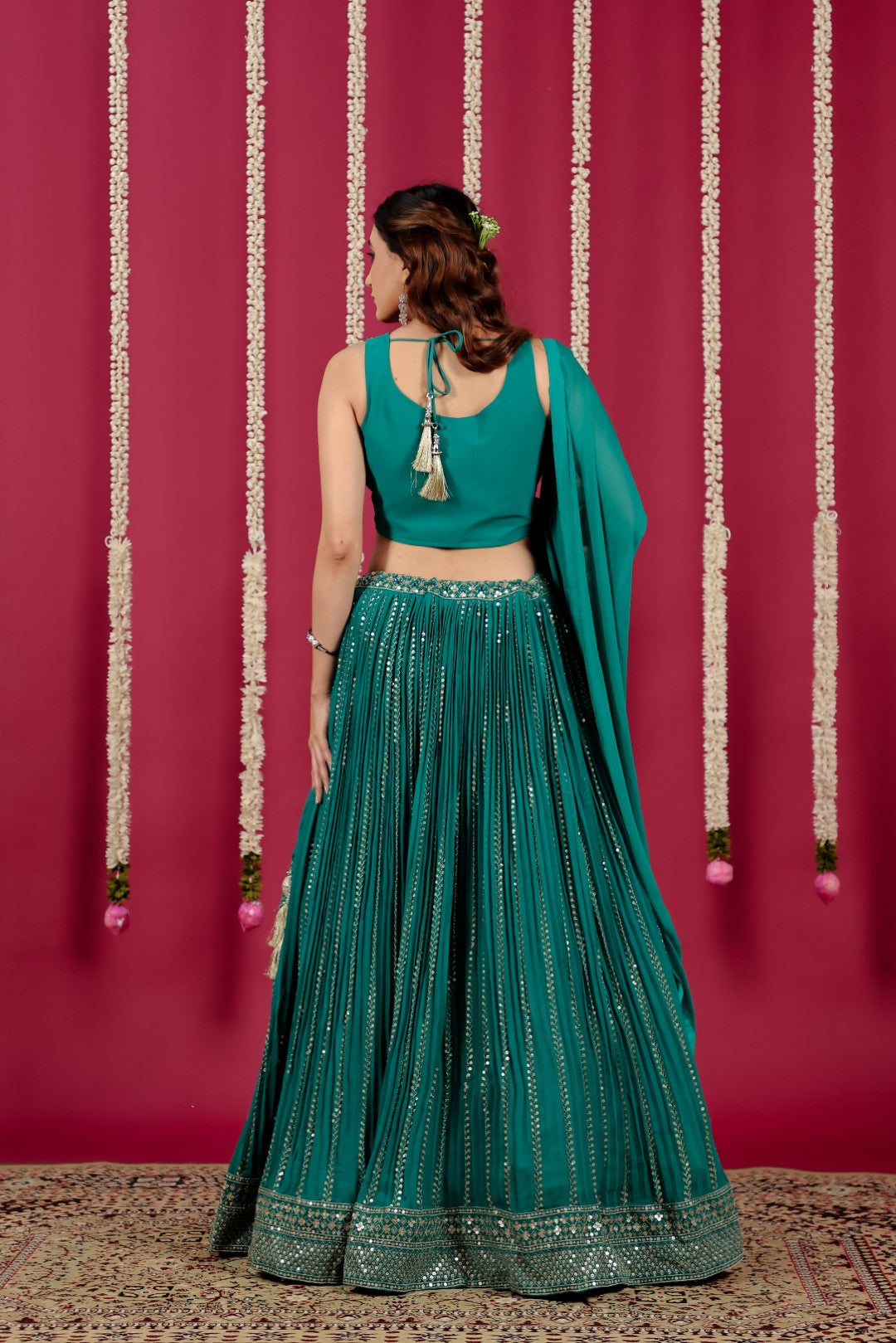 Rama Green Georgette Lehenga with Sequin & Mirror Work Blouse & Dupatta