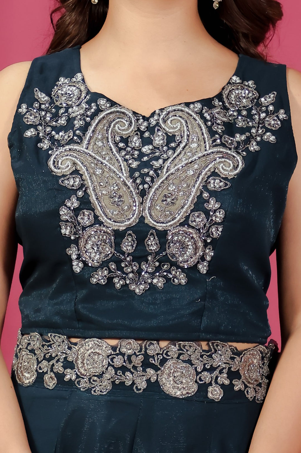 Dark Teal Blue Lurex Chiffon blouse with Patch Handwork, Sharara & Shrug