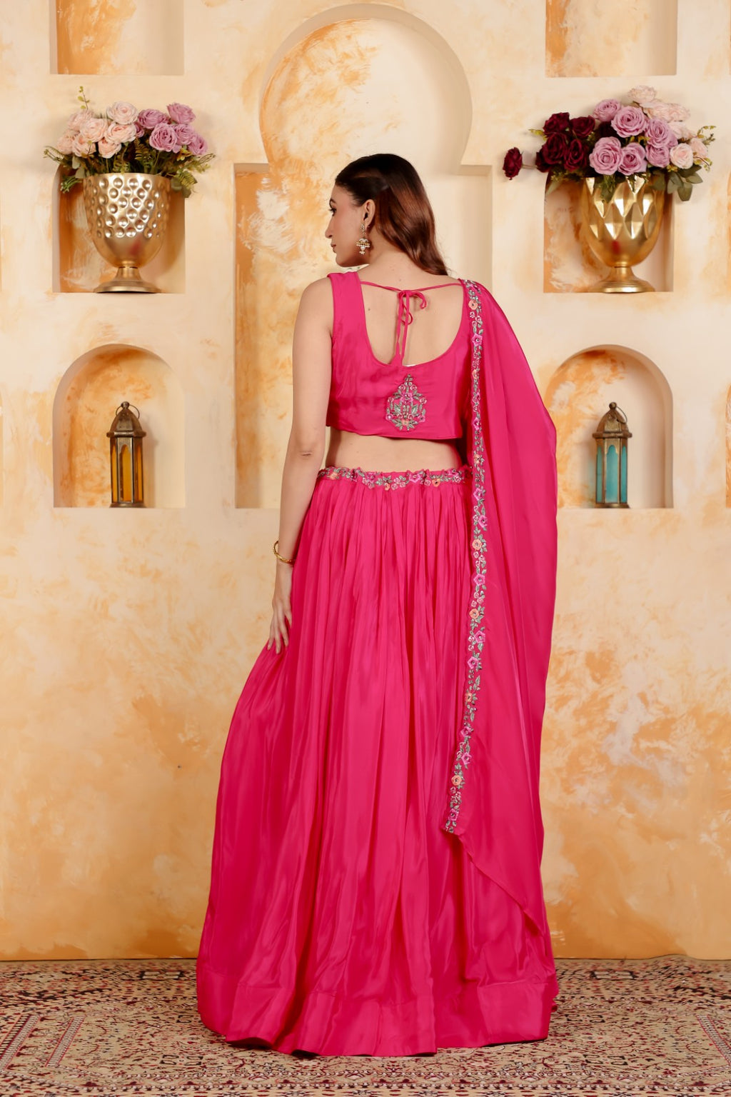 Rani Pink Crepe Silk Blouse with Thread & Stone Work, Lehenga & Dupatta