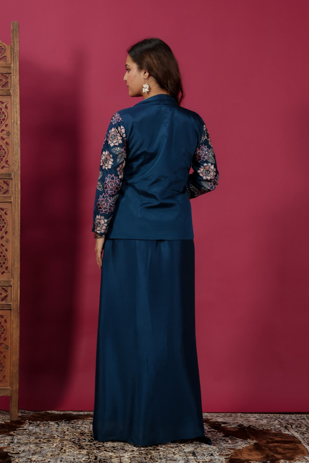 Dark Teal Blue Chinon Silk Blouse with Thread & Sequence Work, Jacket & Dhoti