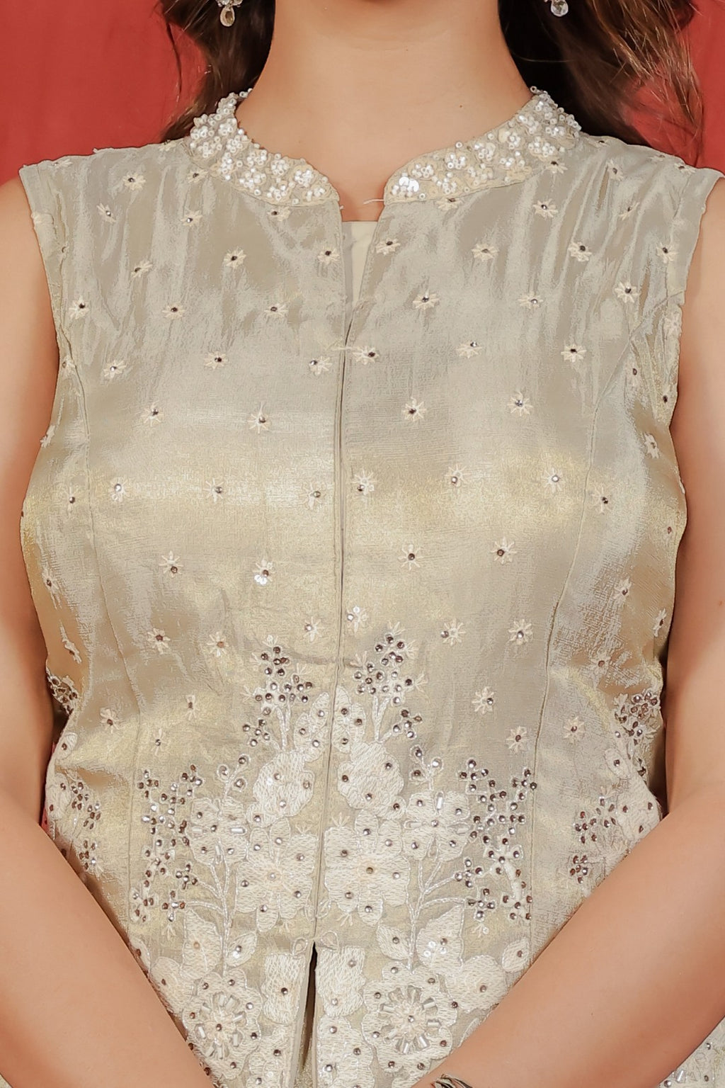 Beige Mosh Silk Jacket with Thread & Stone Work, Palazzo & Dupatta
