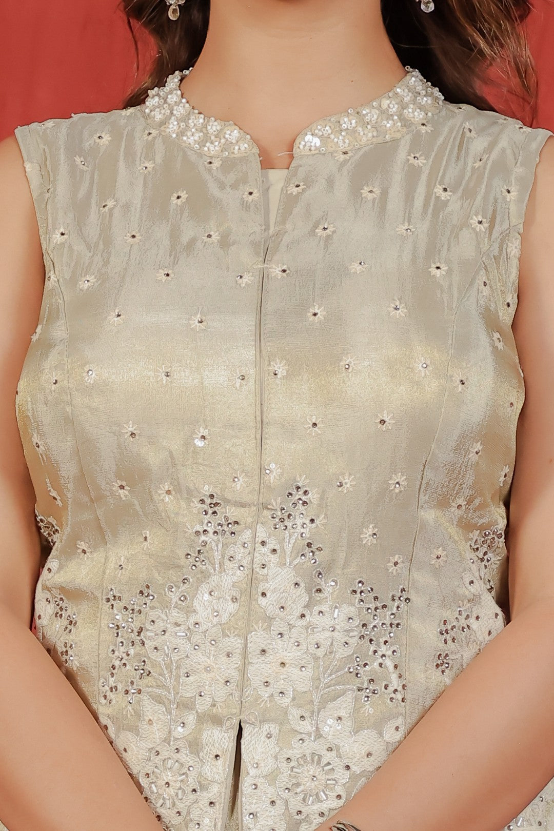 Beige Mosh Silk Jacket with Thread & Stone Work, Palazzo & Dupatta