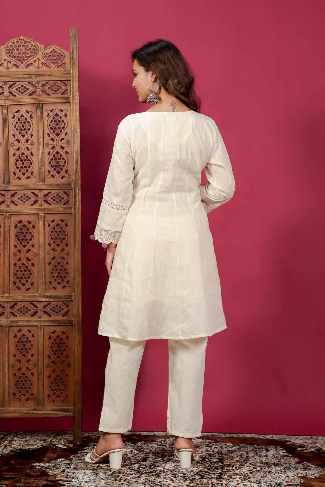 Off White Cotton Suit with Dollar Butti, Mirror & Handwork Neck, Block Print, Pant & Dupatta