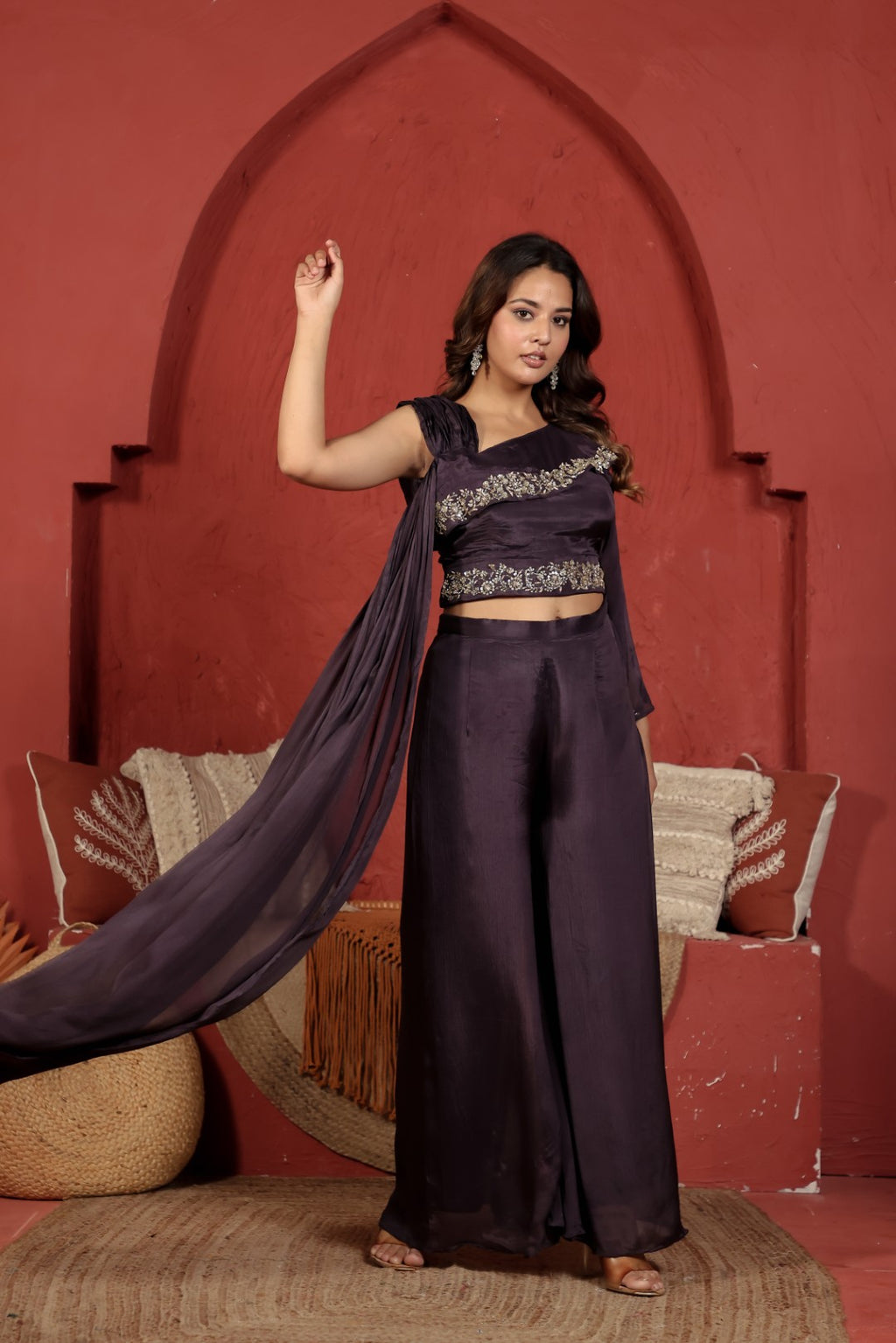 Dried Purple Chinon Silk Top with Sequin Handwork, Attached Dupatta & Palazzo