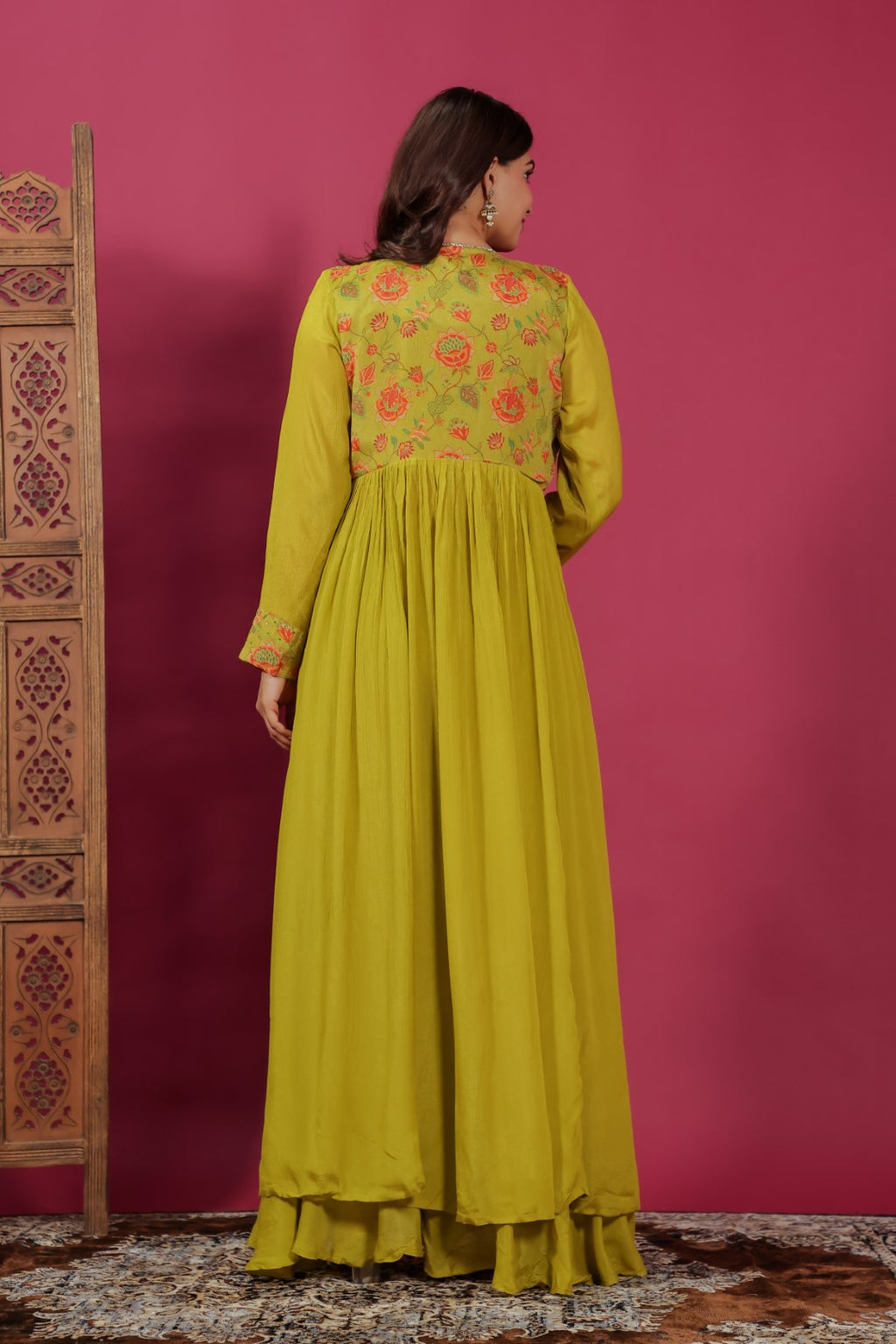 Mehendi Green Chinon Silk Printed Blouse, Sharara & Handwork Shrug