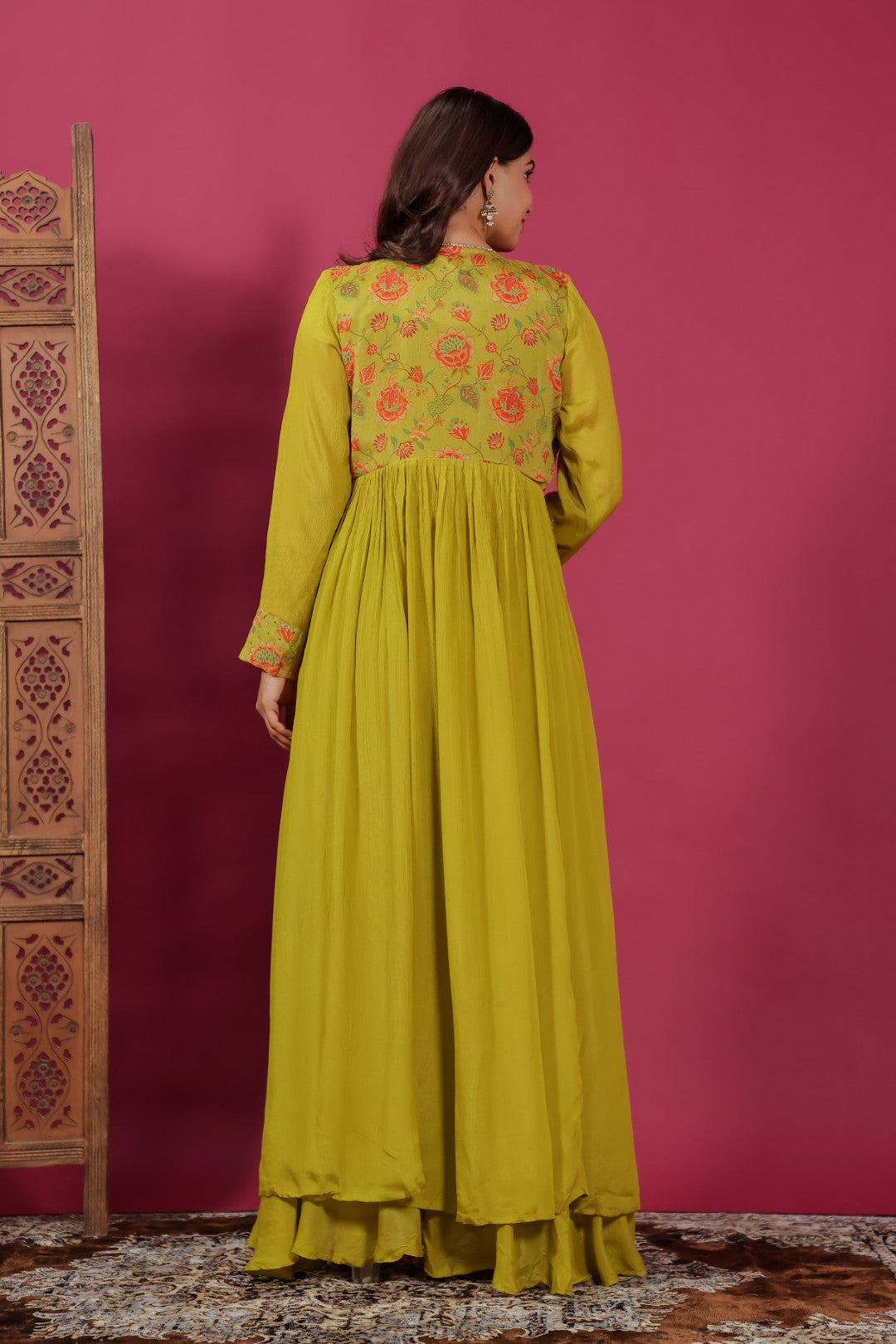 Mehendi Green Chinon Silk Printed Blouse, Sharara & Handwork Shrug