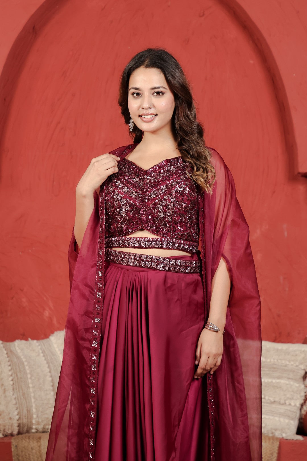 Maroon Satin Silk Dhoti Set with Handwork Blouse, Shrug & Belt