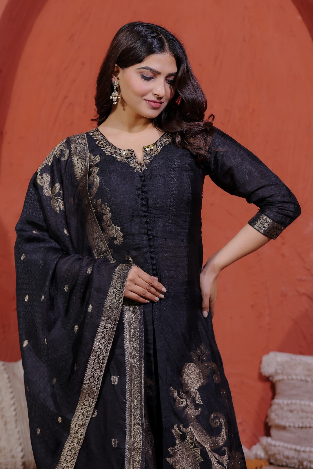 Black Jacquard Silk Banarasi Suit with Handwork, Sharara & Dupatta