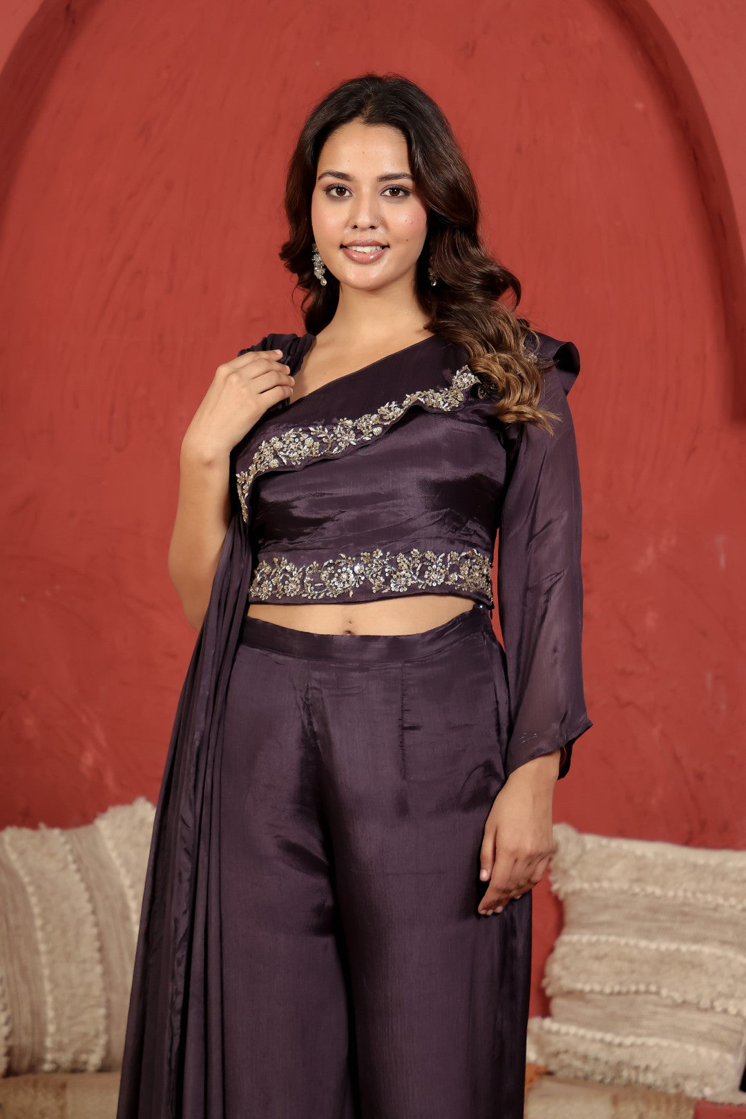 Dried Purple Chinon Silk Top with Sequin Handwork, Attached Dupatta & Palazzo