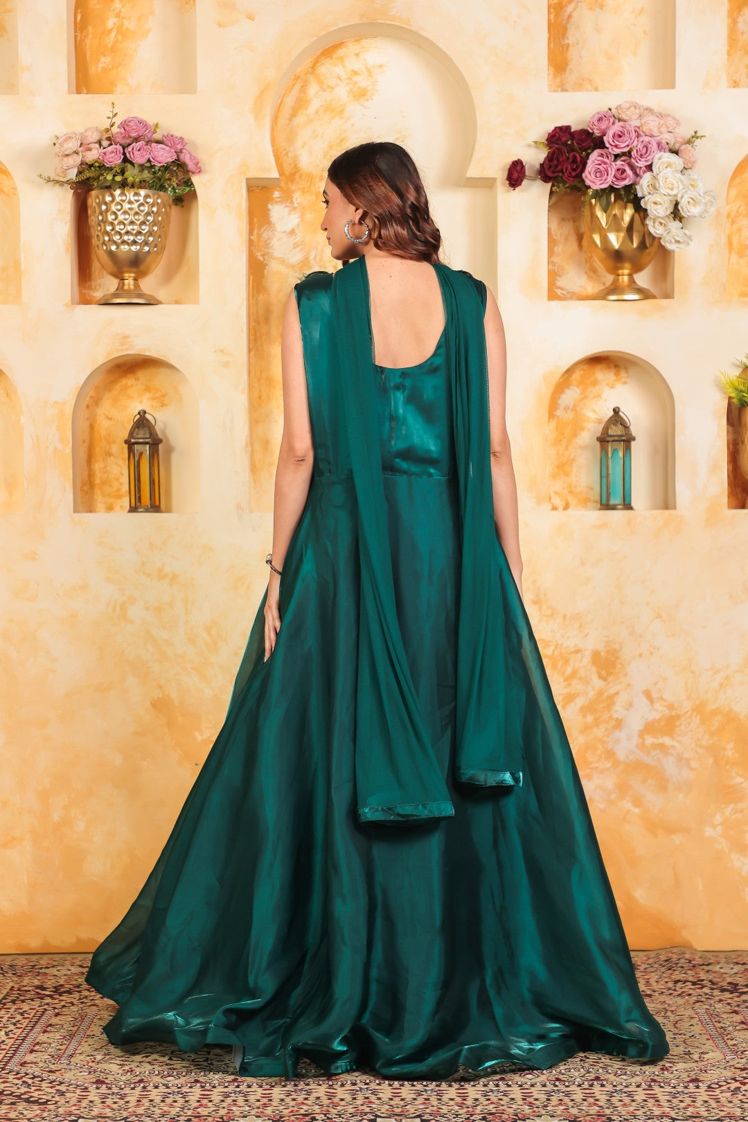 Bottle Green Jimmy Choo Fancy Stylish Gown & Dupatta