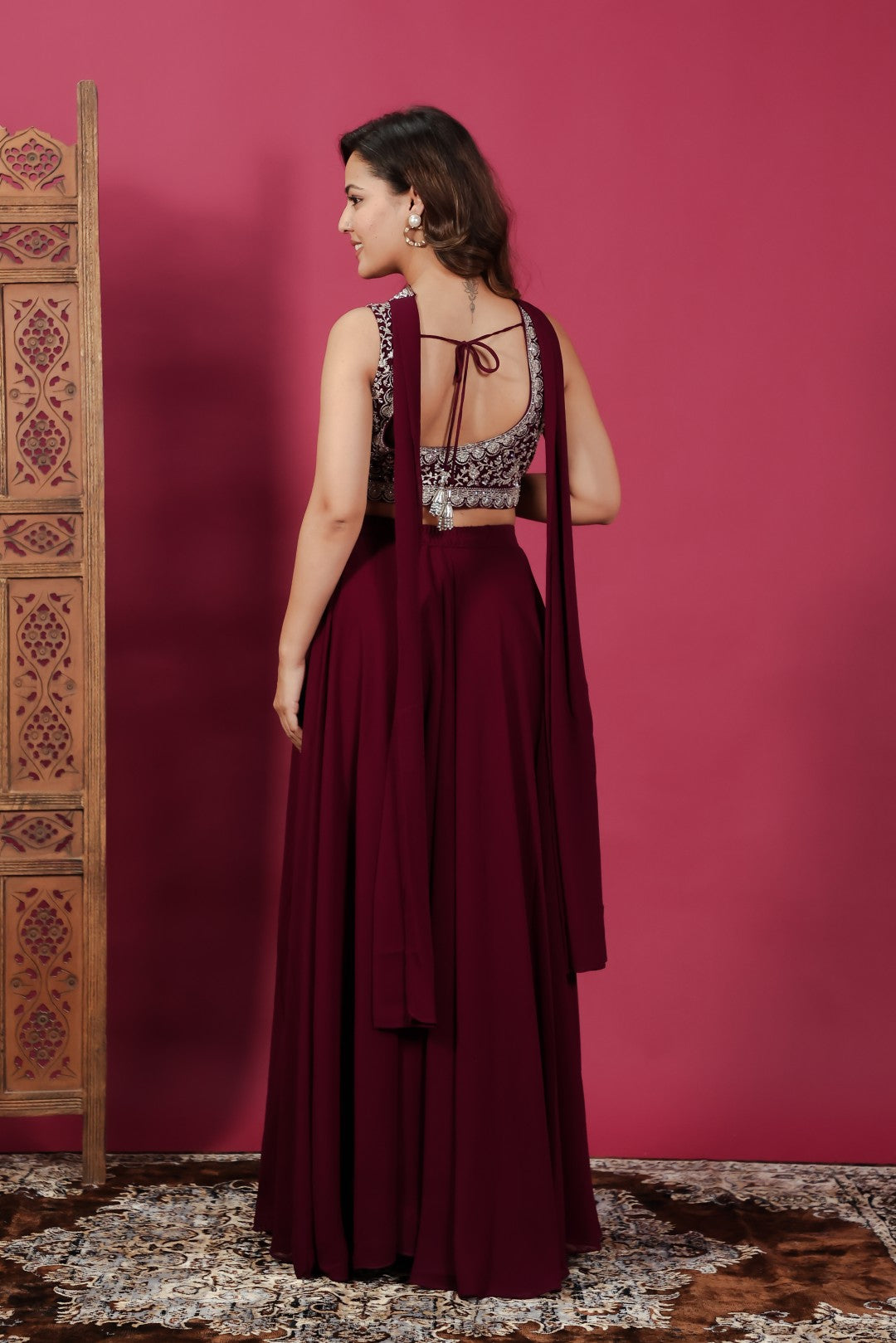 Wine Georgette Blouse with Heavy Zari Work, Sharara & Dupatta