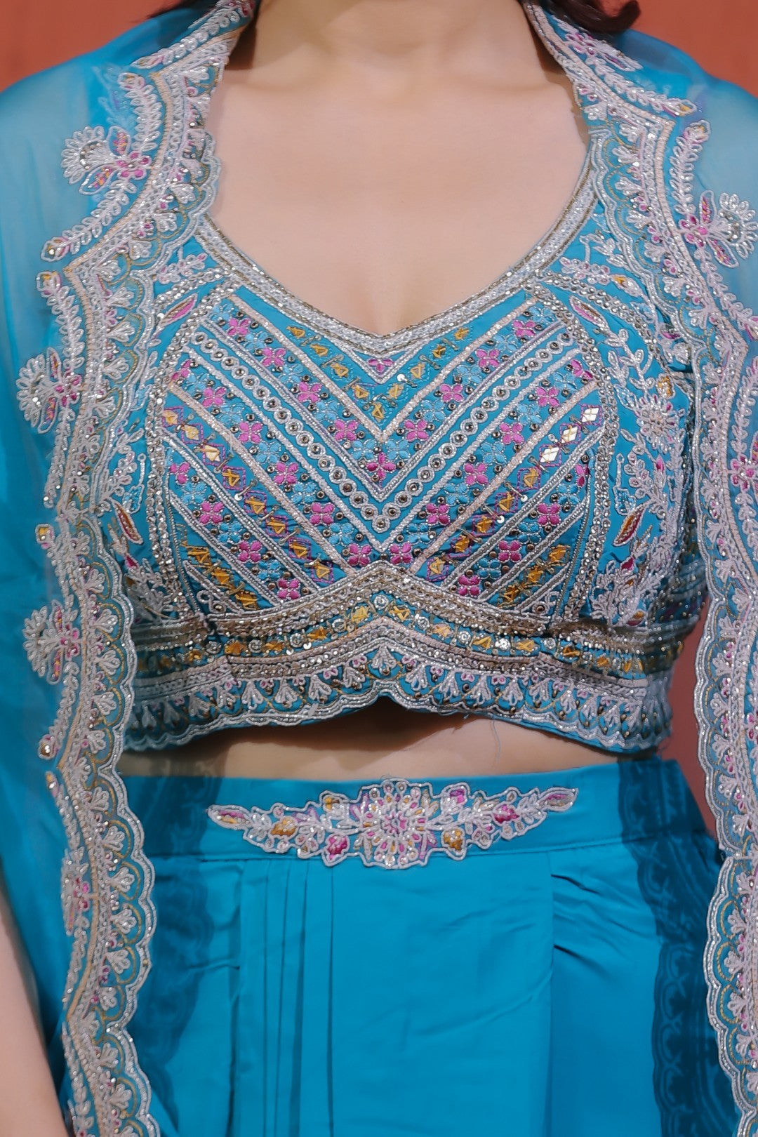 Rama Green Crepe Silk Blouse with Hand & Thread Work, Sharara & Shrug