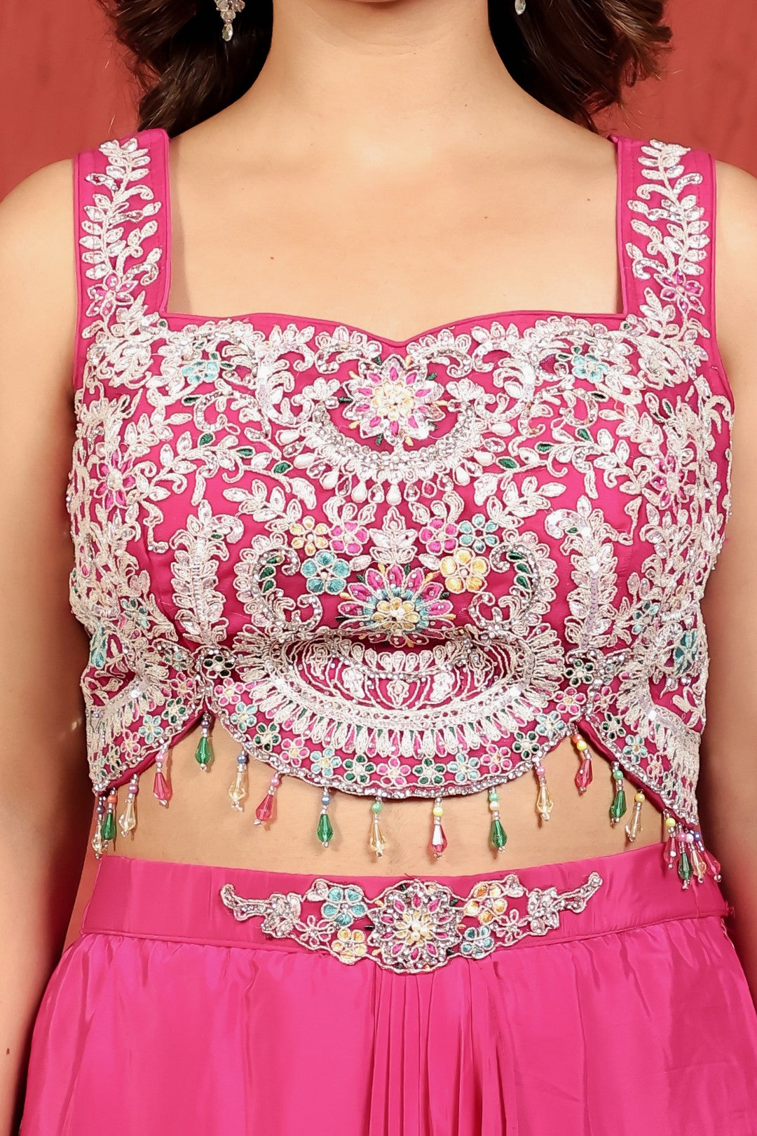 Dark Pink Crepe Silk Dhoti with Handwork Blouse & Shrug