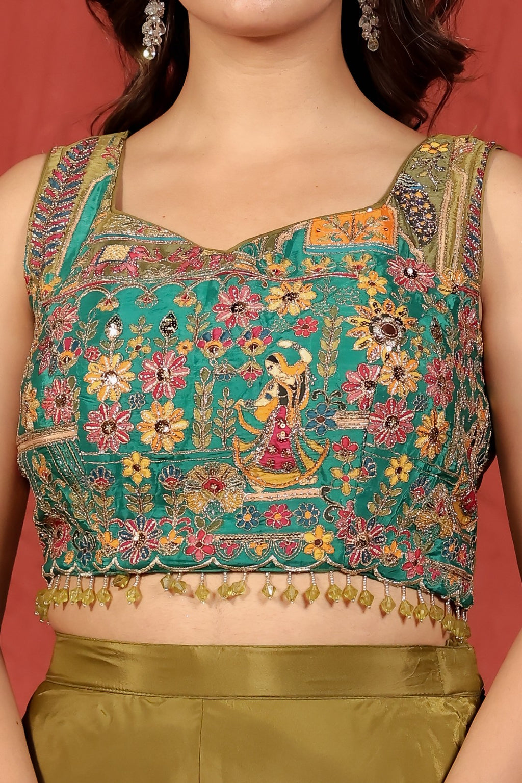Mehendi Green Crepe Silk with Rajwadi Print & Zari Work Blouse and Jacket
