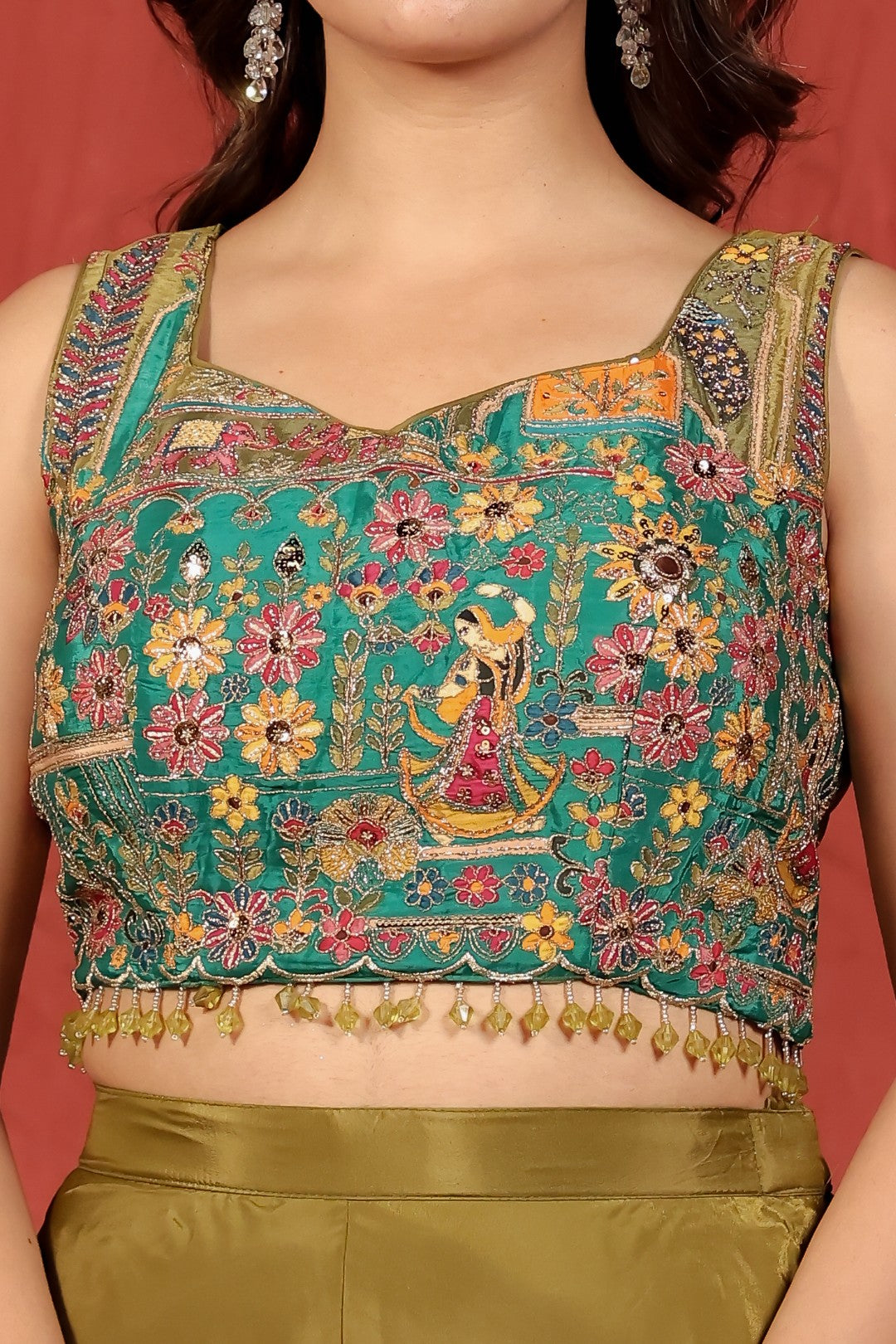 Mehendi Green Crepe Silk with Rajwadi Print & Zari Work Blouse and Jacket