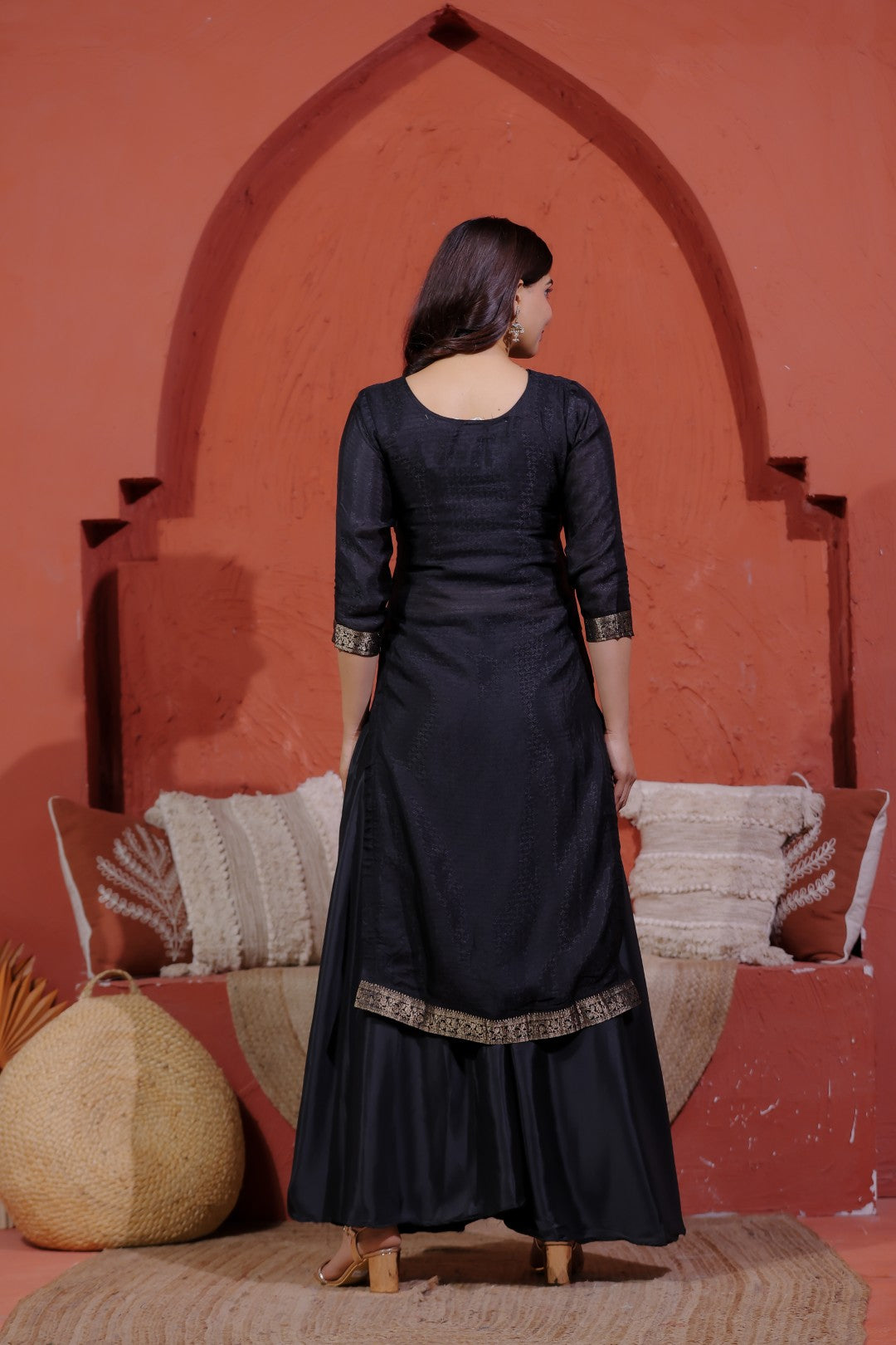 Black Jacquard Silk Banarasi Suit with Handwork, Sharara & Dupatta