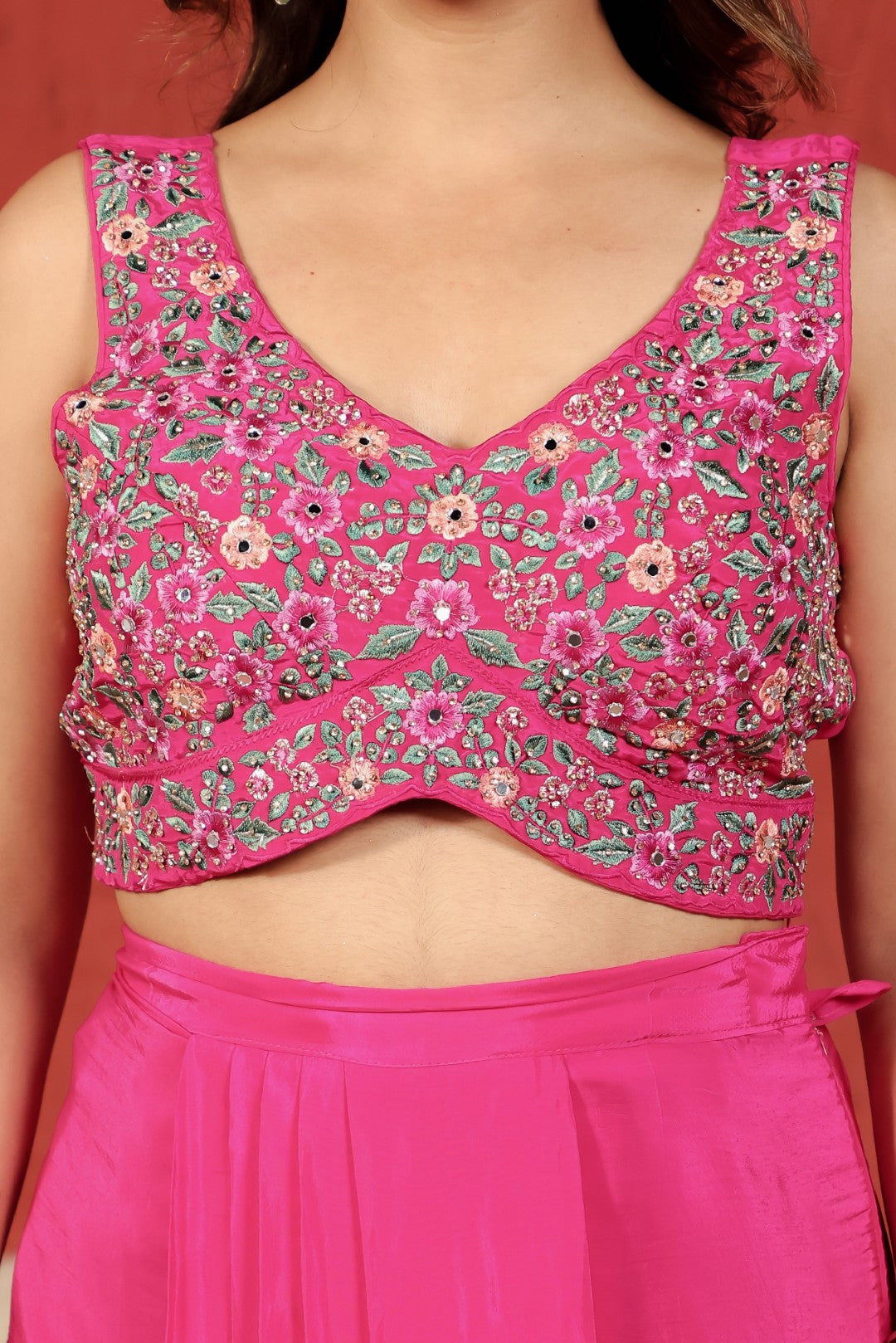 Rani Pink Crepe Silk Blouse with Thread & Mirror Work, Dhoti & Shrug