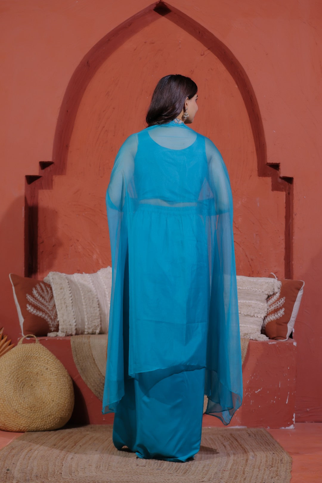 Rama Green Crepe Silk Blouse with Hand & Thread Work, Sharara & Shrug