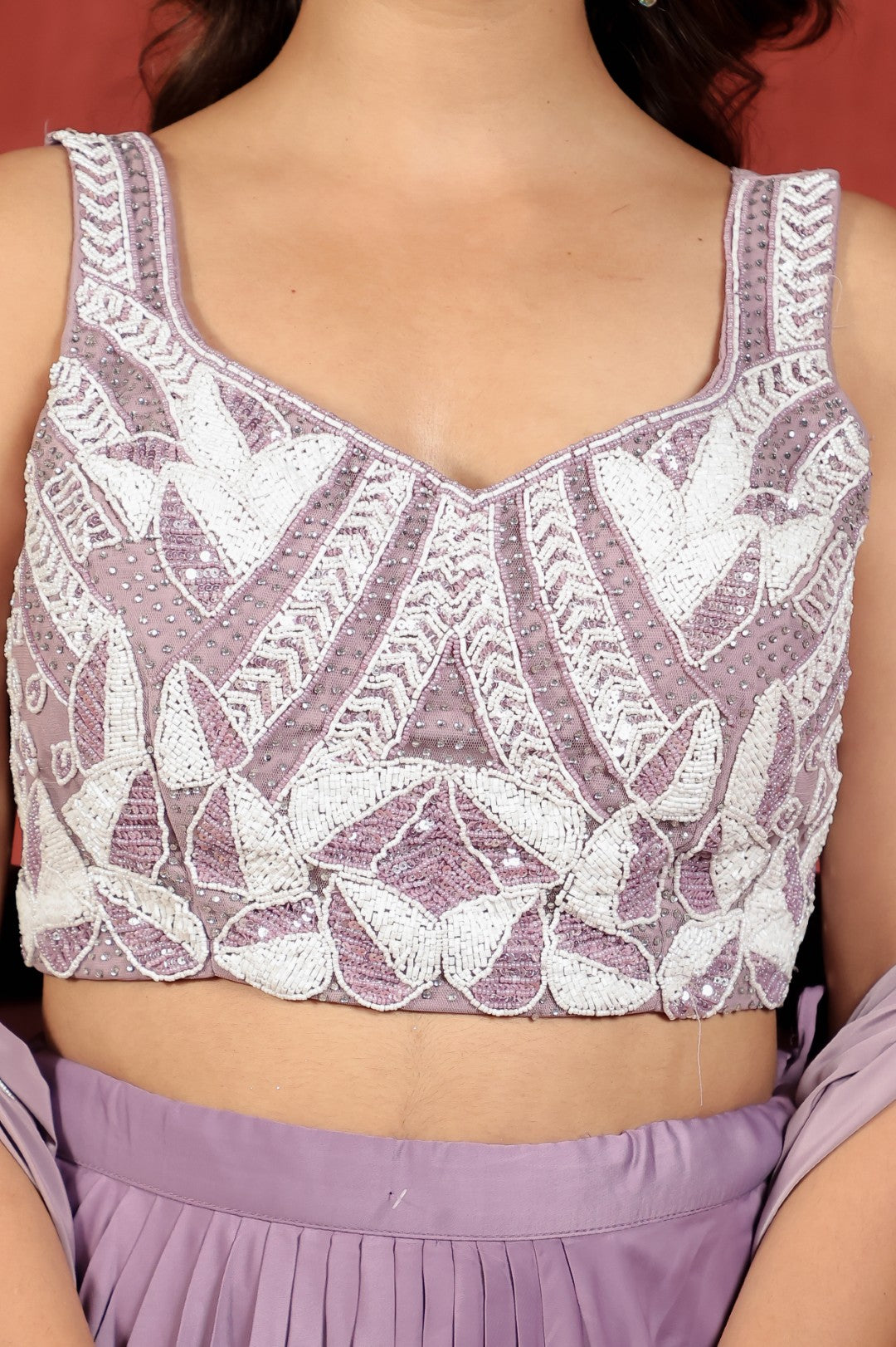 Lavender Crepe Silk Blouse with Pearl & Piping Handwork, Sharara & Shrug