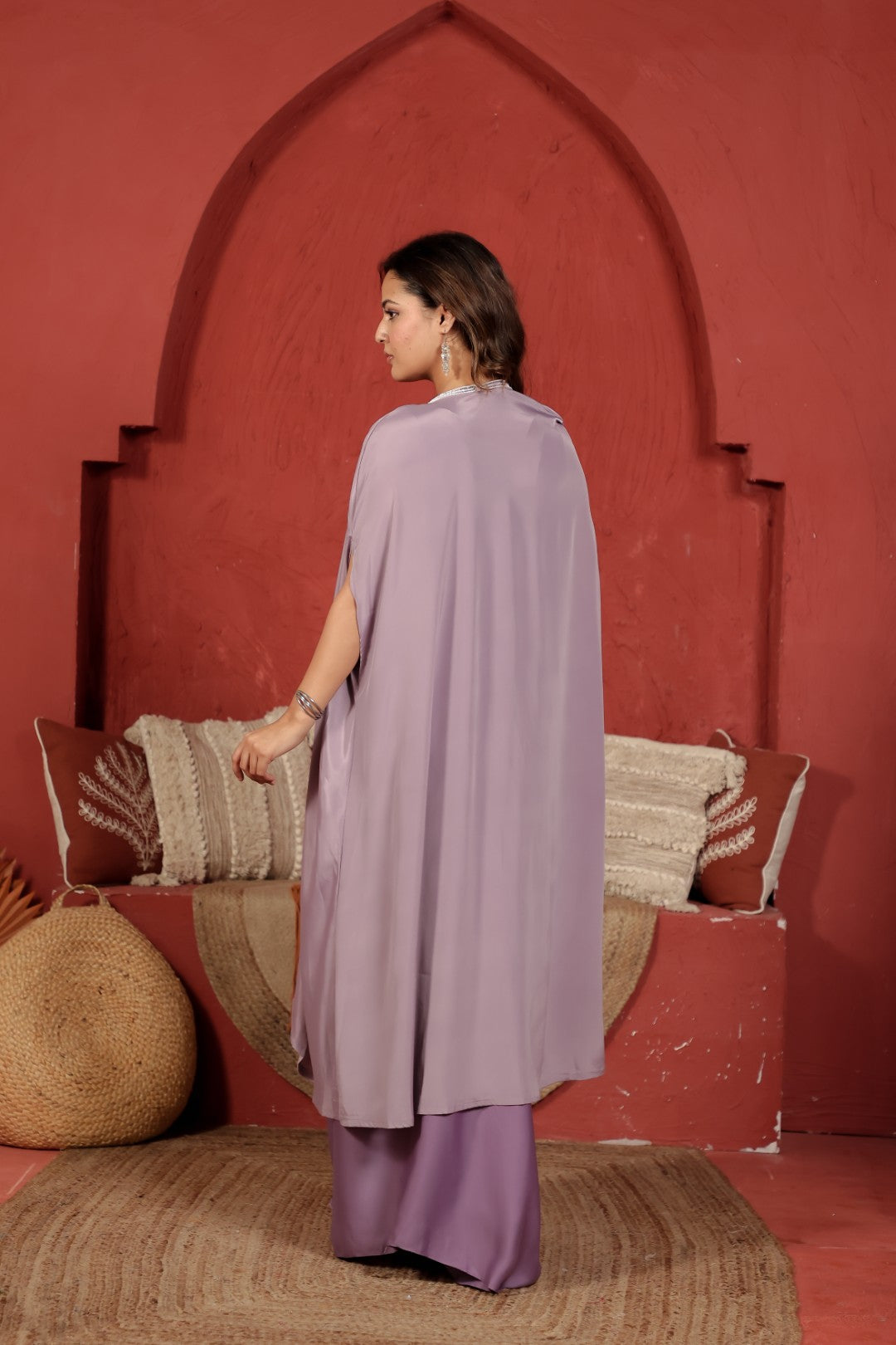 Lavender Crepe Silk Blouse with Pearl & Piping Handwork, Sharara & Shrug