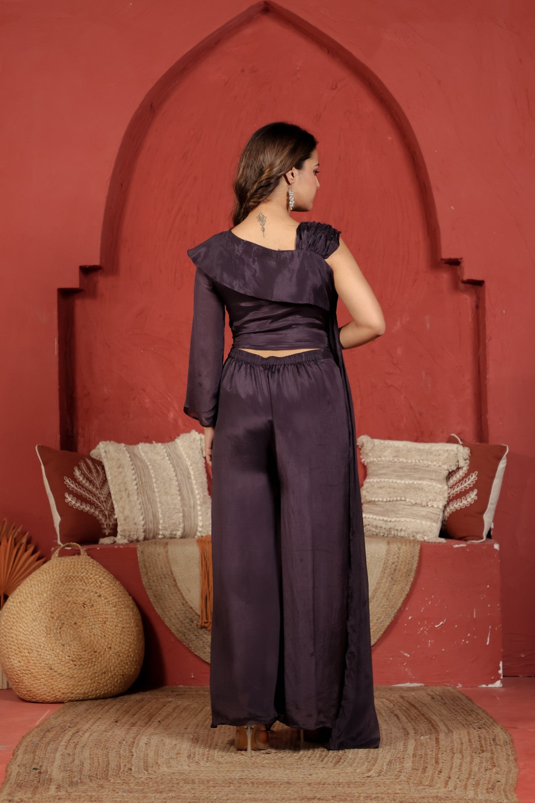 Dried Purple Chinon Silk Top with Sequin Handwork, Attached Dupatta & Palazzo