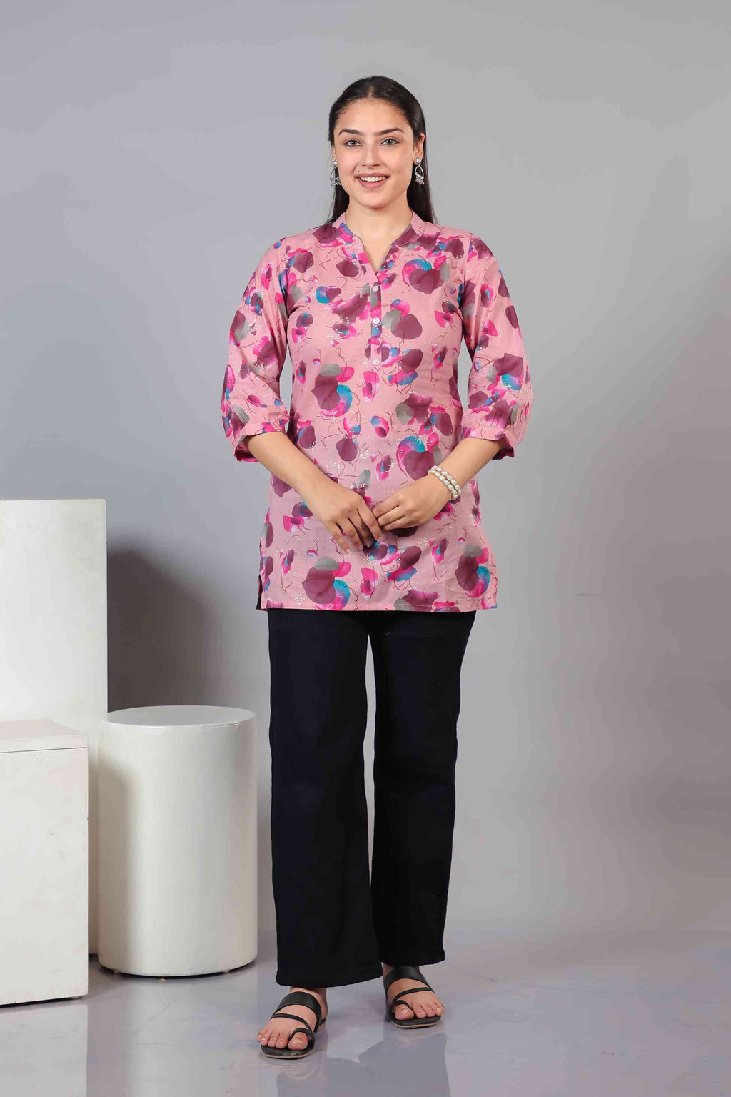 Pink Cambric Cotton Printed Top