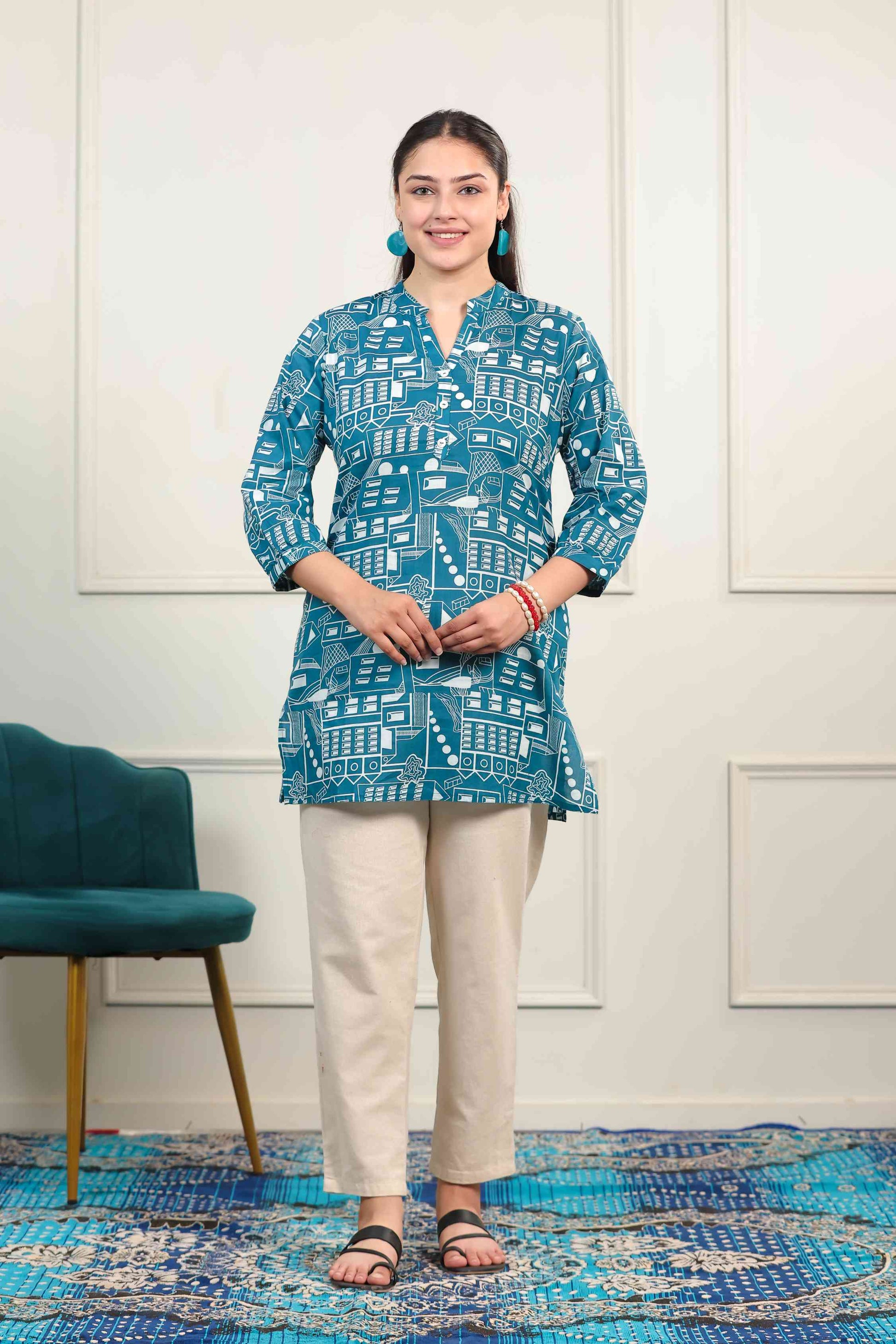 Teal Blue Cambric Cotton Printed Short Kurti