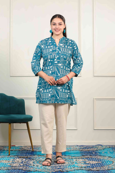Teal Blue Cambric Cotton Printed Short Kurti