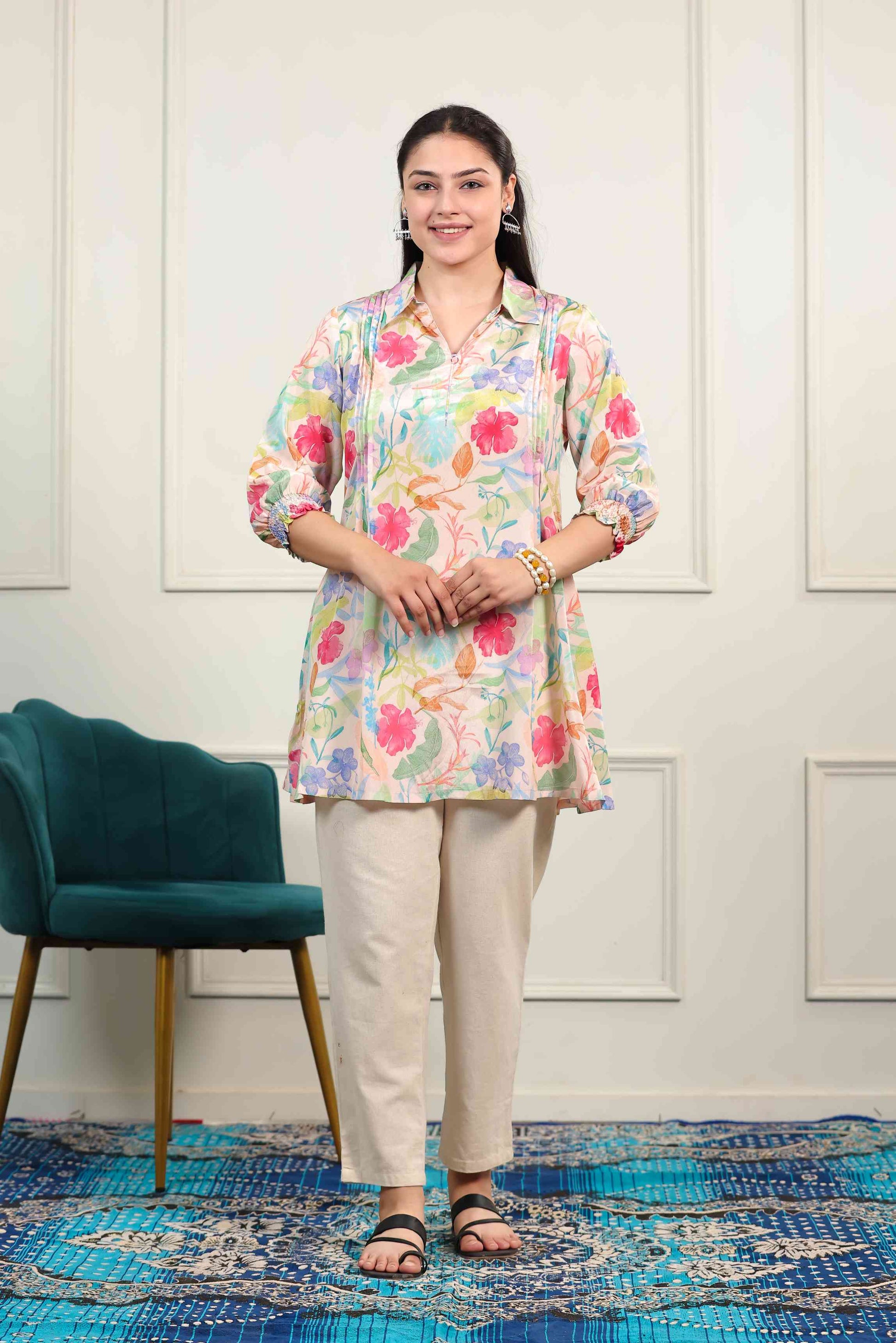 Peach Crepe Multicolor Floral Printed Short Kurti