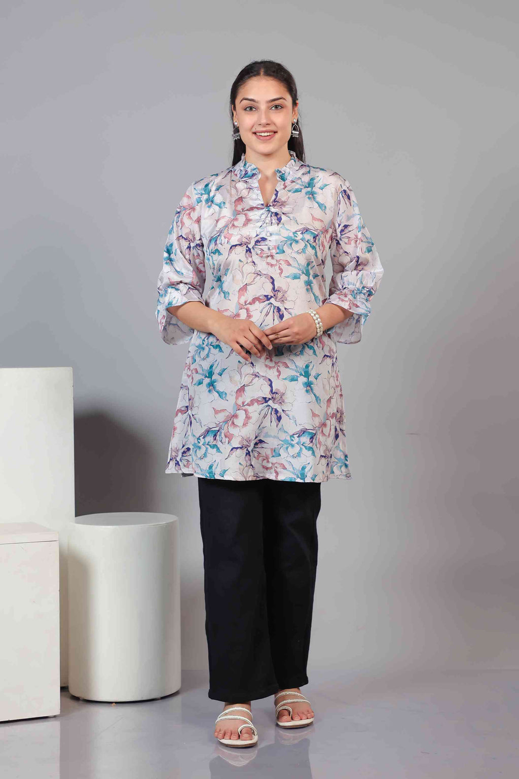Silver Offwhite Crepe Multicolor Printed Short Kurti