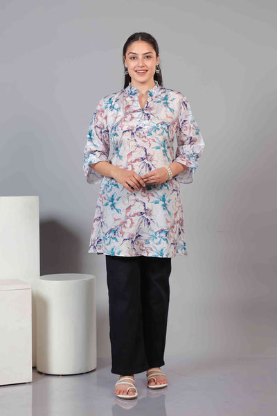 Silver Offwhite Crepe Multicolor Printed Short Kurti