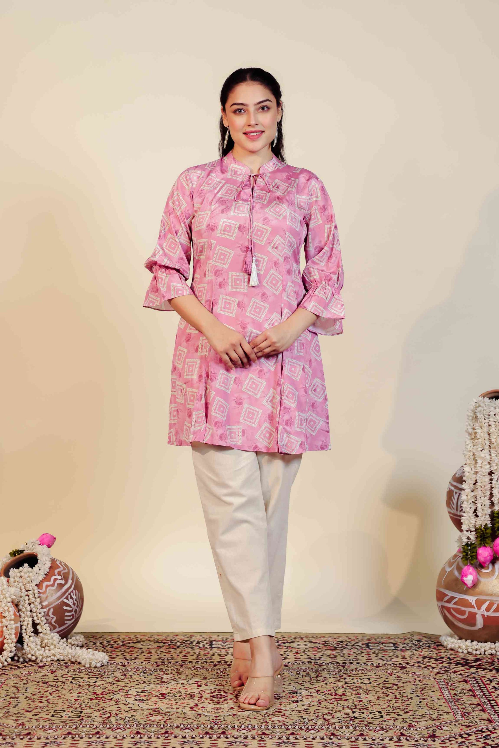 Metallic Pink Crepe Jaipuri Printed Top