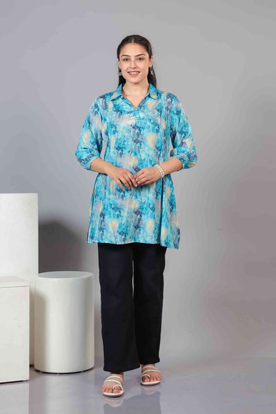 Rama Blue Crepe Printed Short Kurti