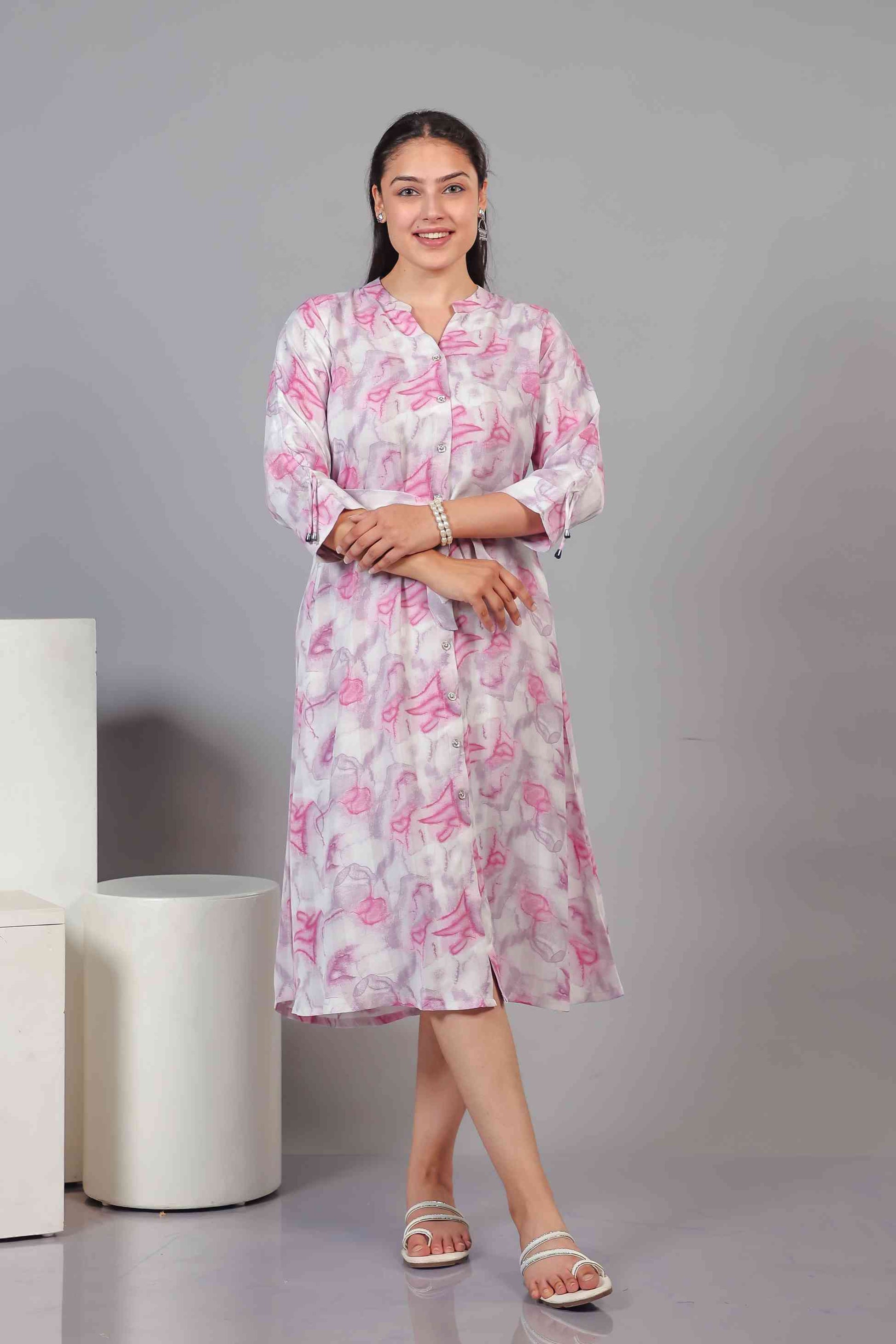 White Lycra with Baby Pink Printed Maxi Dress