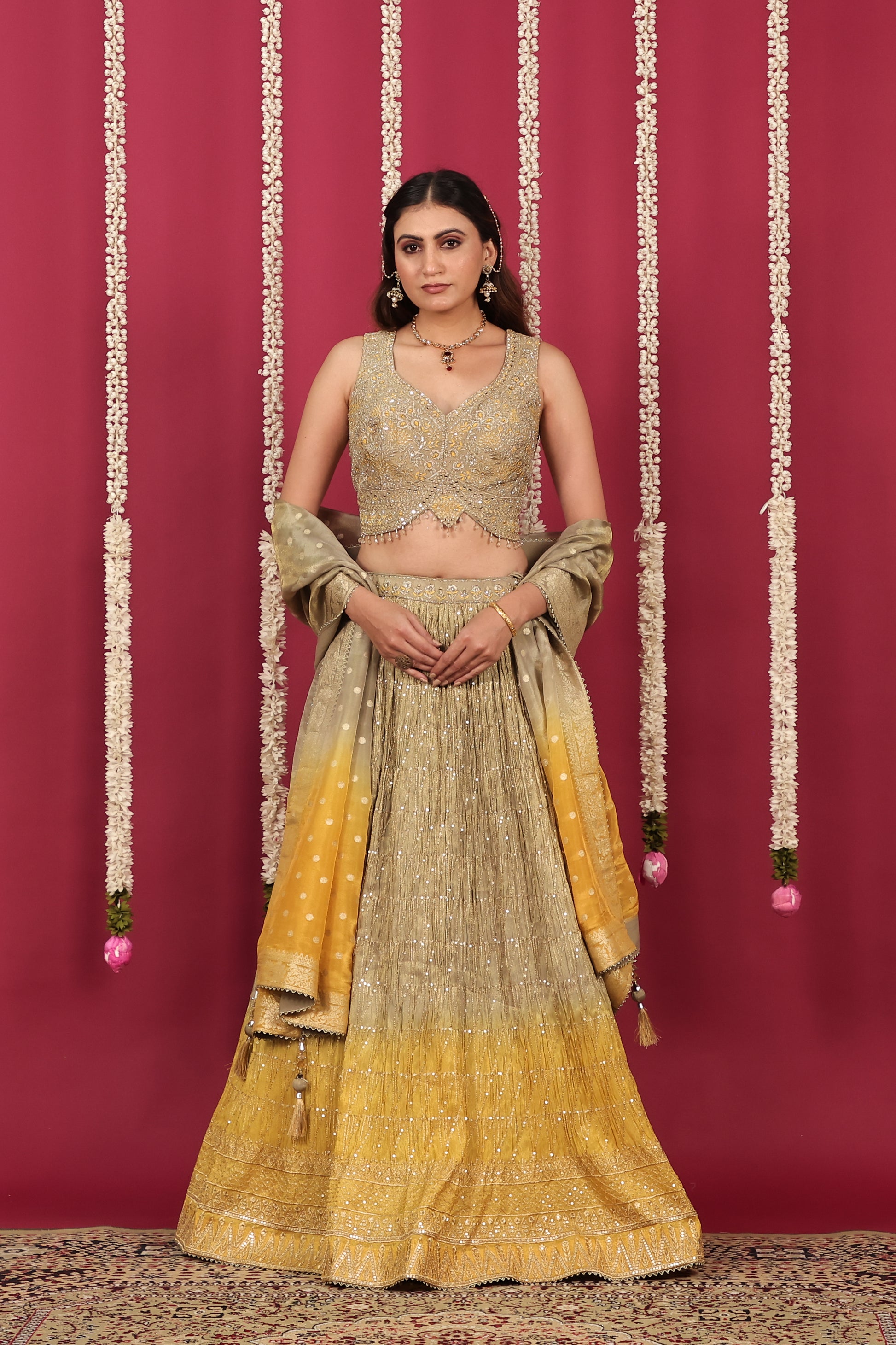 Golden Brown & Yellow Mosh Silk Lehenga with Zari Work with Blouse & Dupatta