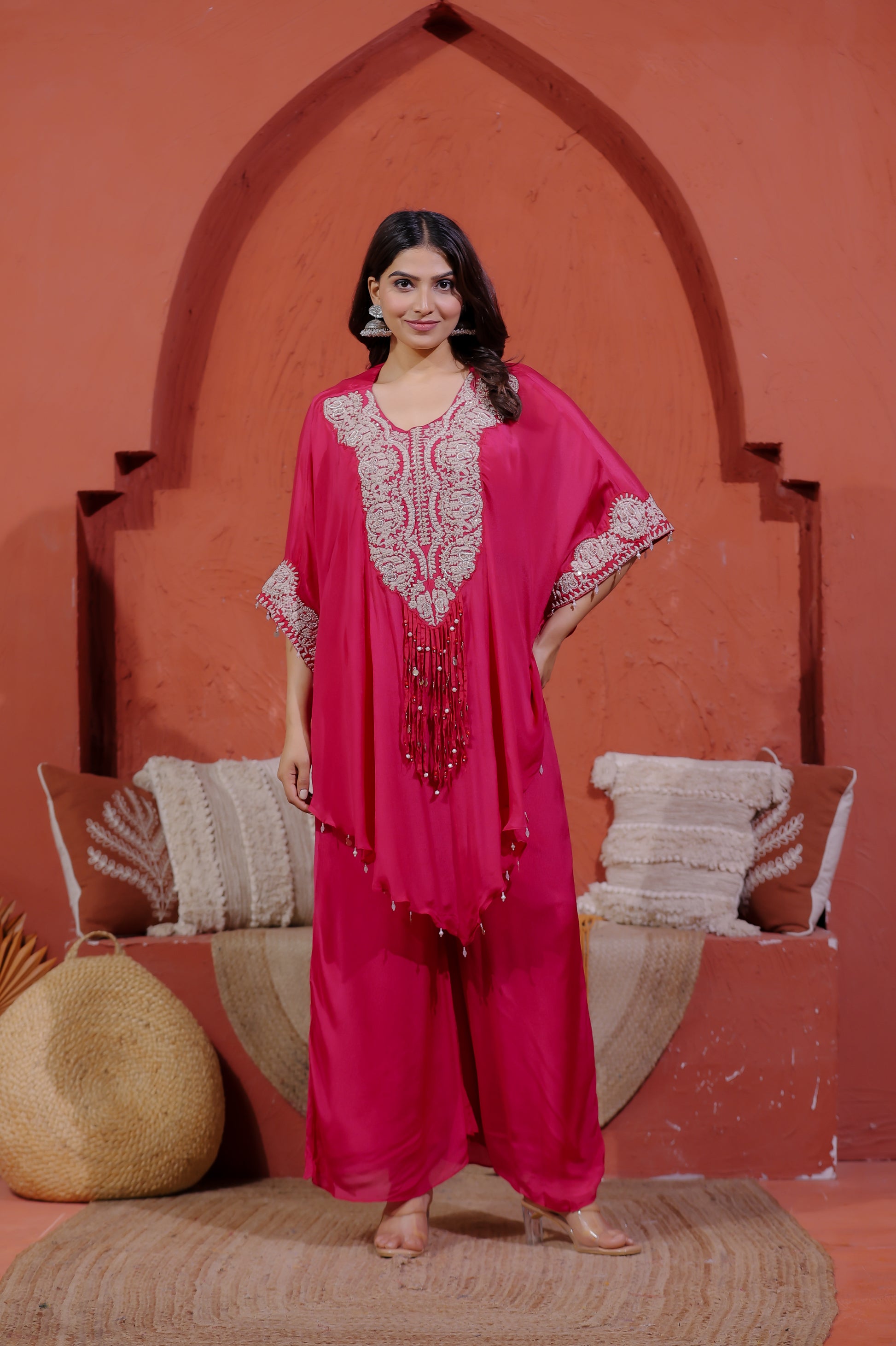 Rani Pink Chinon Silk Kaftan with Thread Embroidery, Blouse & Palazzo