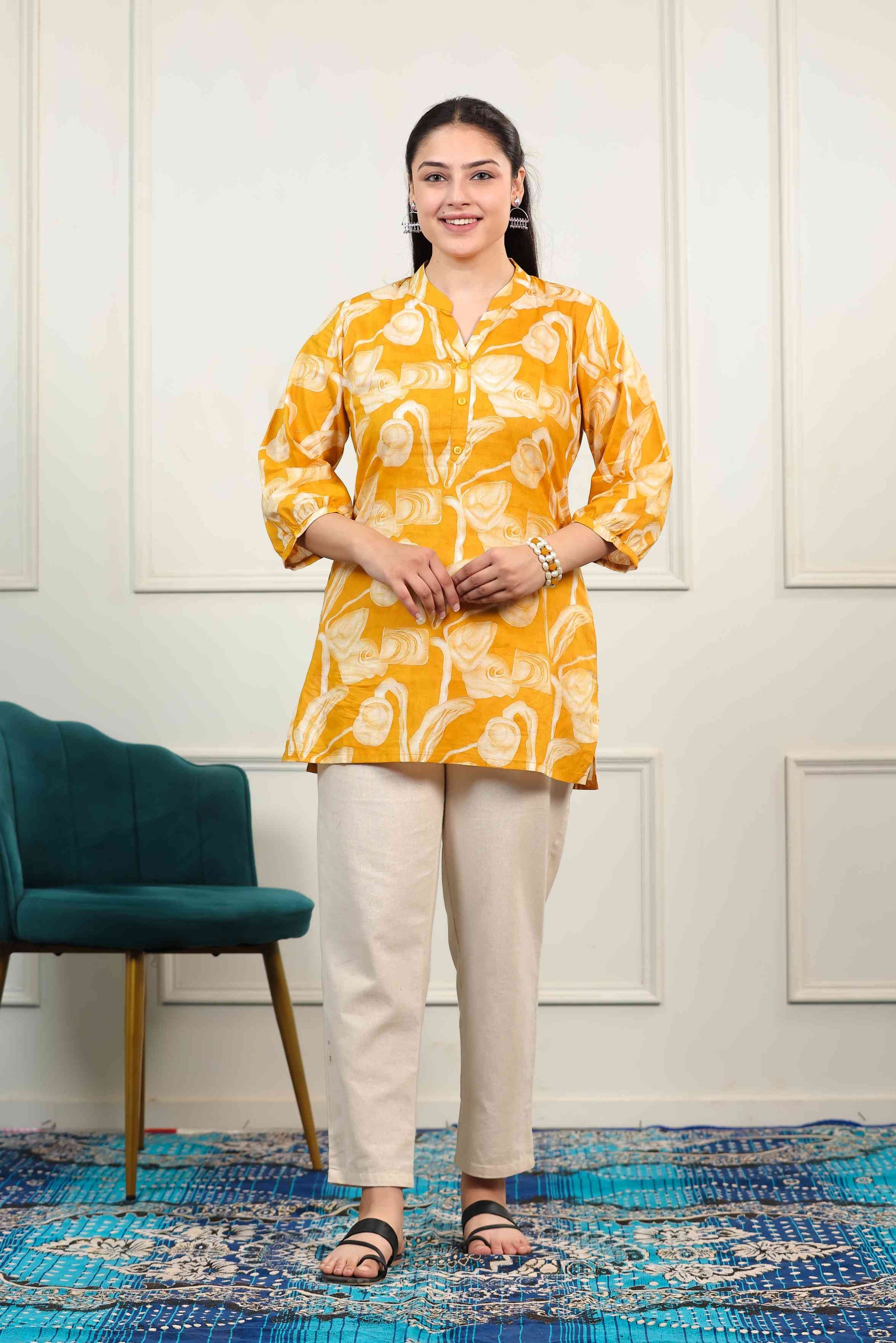 Mustard Yellow Cambric Cotton Printed Top