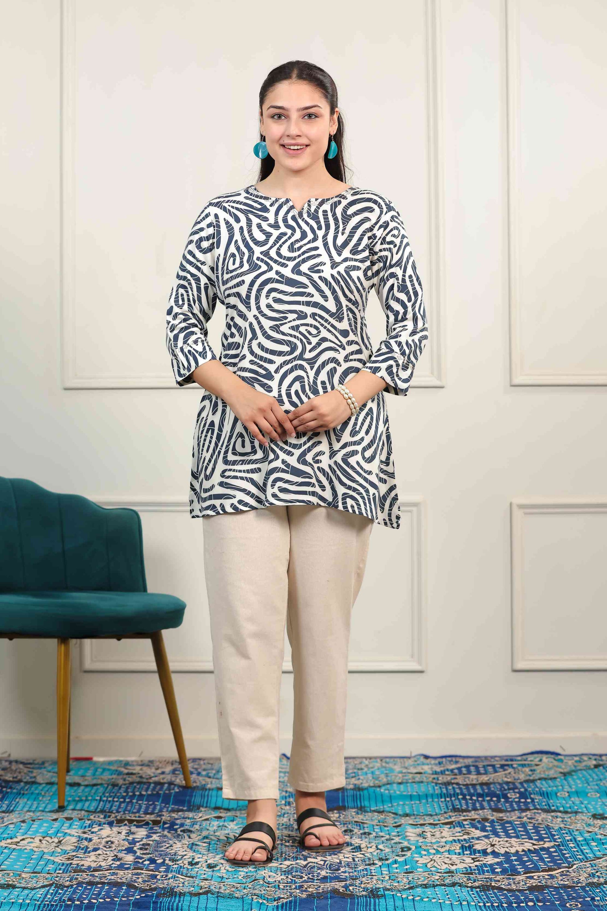 Blue & Off-White Rayon Printed Top