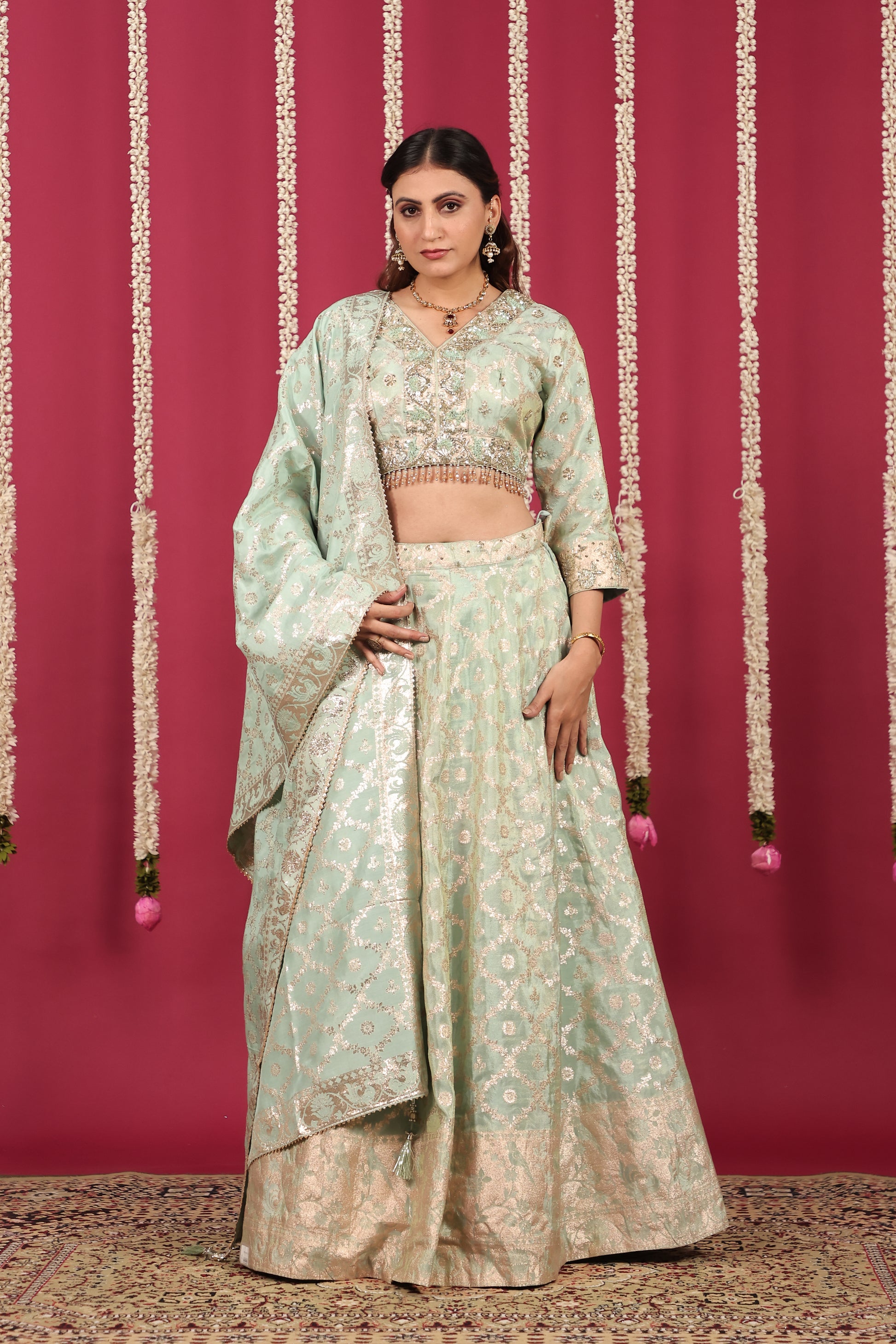 Pista Green Mosh Silk Banarsi Handwork Lehenga with Blouse & Dupatta